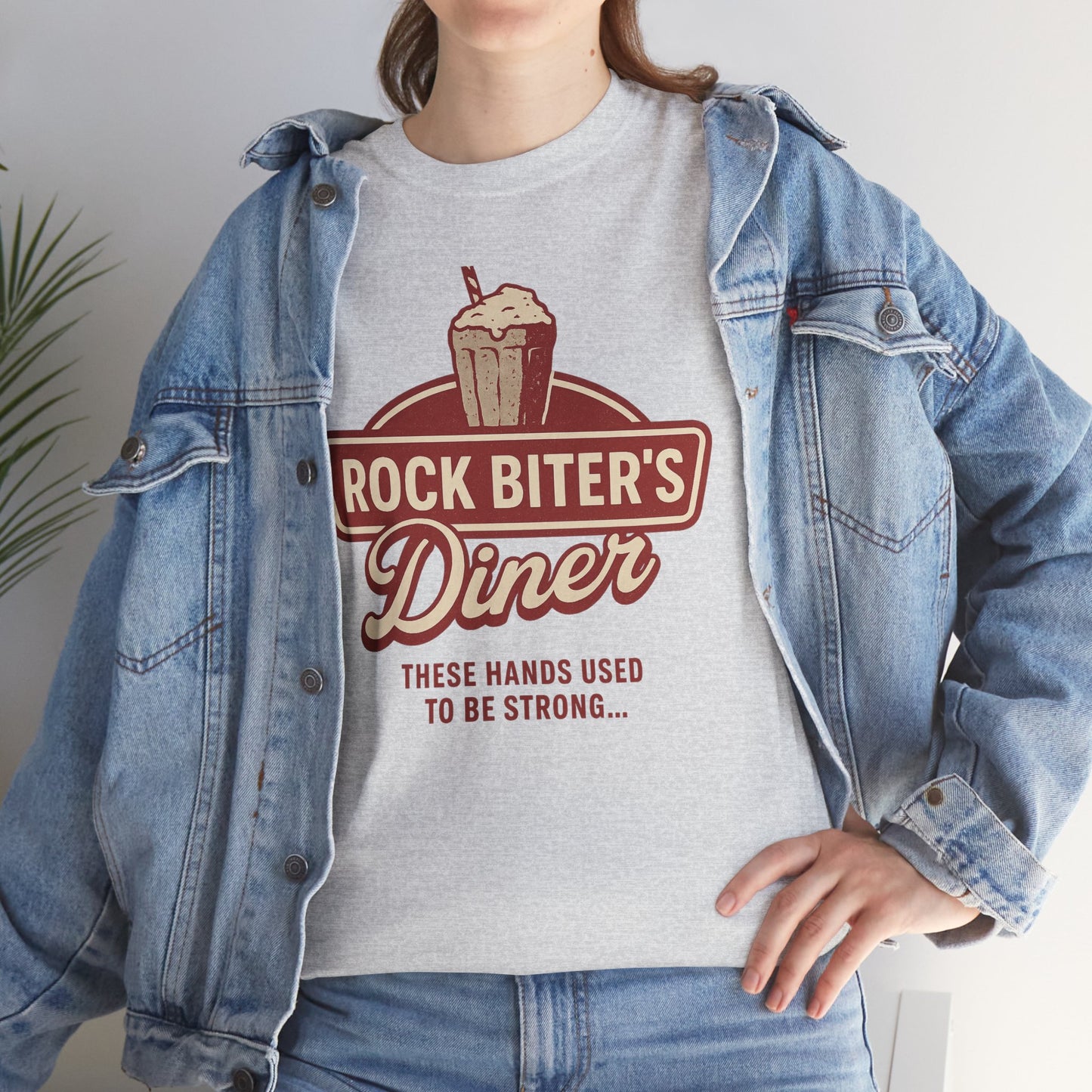 Neverending Story diner t-shirt with Rock Biter's Diner vintage milkshake graphic worn with denim jacket
