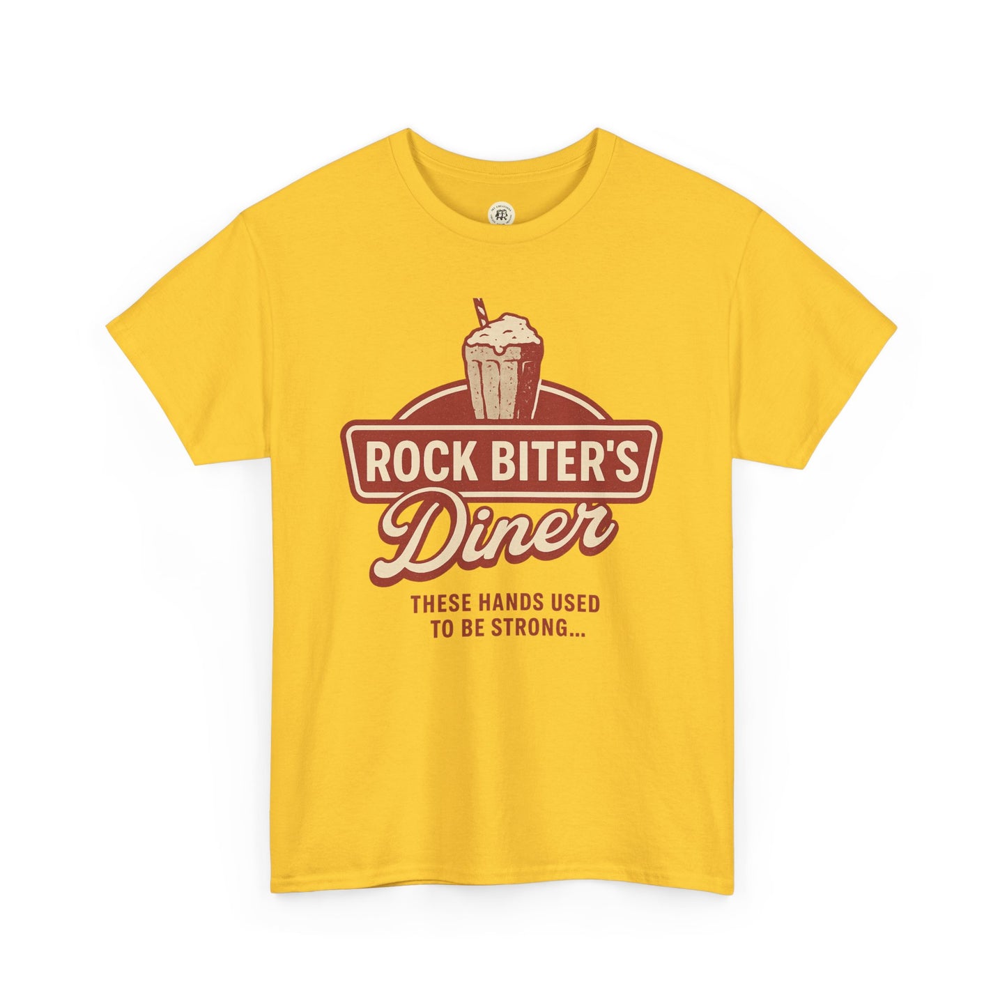 Yellow Neverending Story diner t-shirt with Rock Biter's Diner logo and vintage milkshake graphic