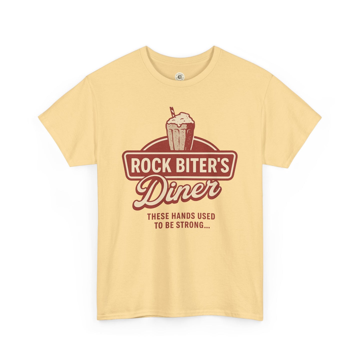 Neverending Story diner t-shirt in beige with Rock Biter's Diner graphic and vintage style text