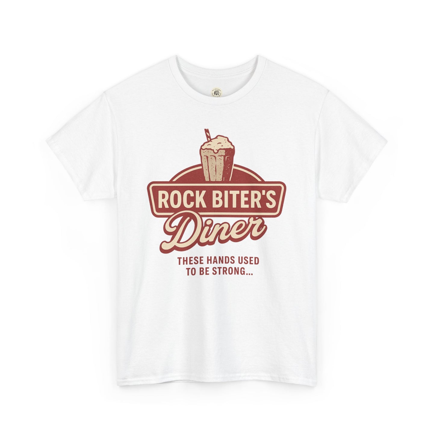 White Neverending Story diner t-shirt with Rock Biter's Diner vintage milkshake graphic
