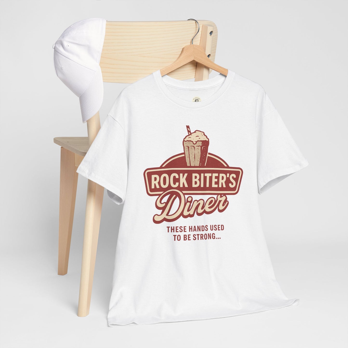 White Neverending Story diner t-shirt with Rock Biter's Diner logo and vintage milkshake design on front
