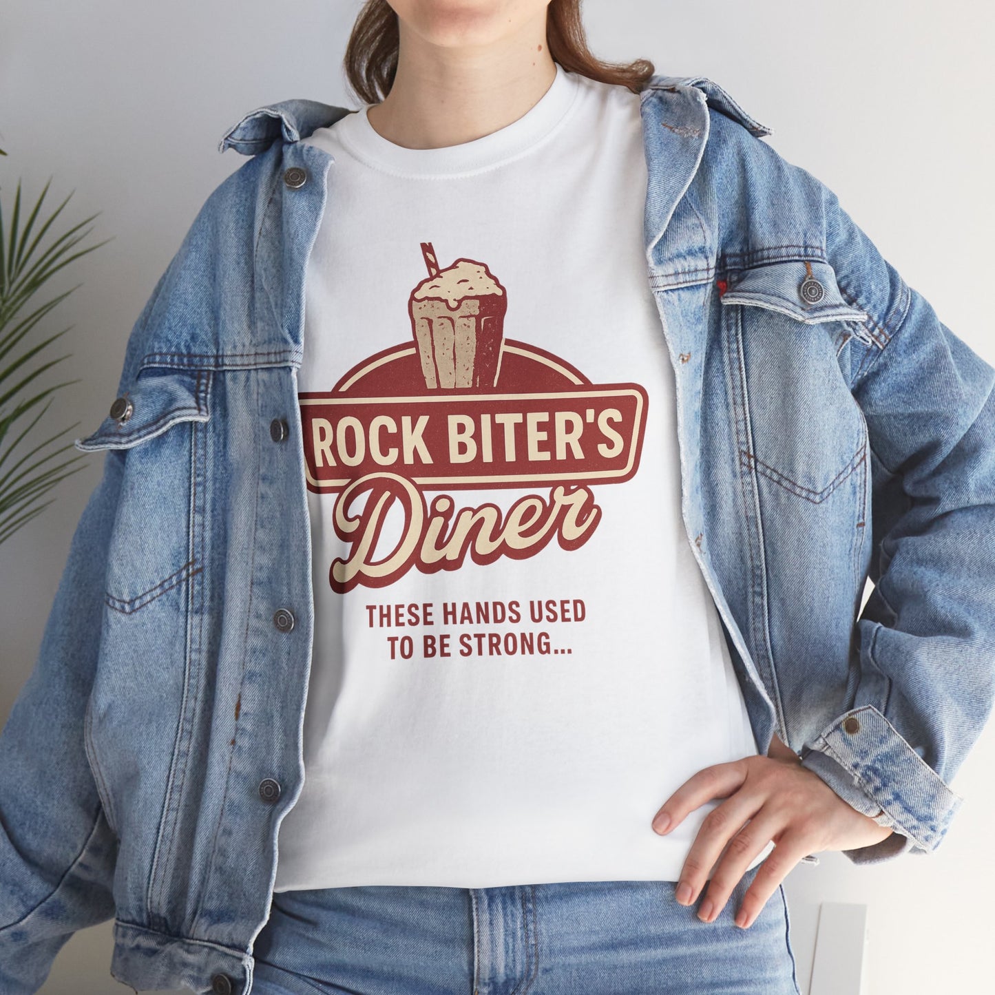 White Neverending Story diner t-shirt with vintage diner graphic worn under denim jacket