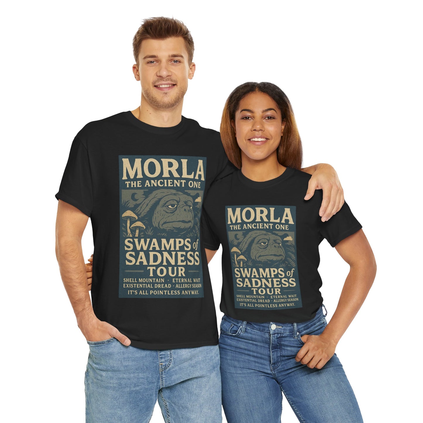 Neverending Story Morla t-shirt in black worn by man and woman featuring Morla the Ancient One design
