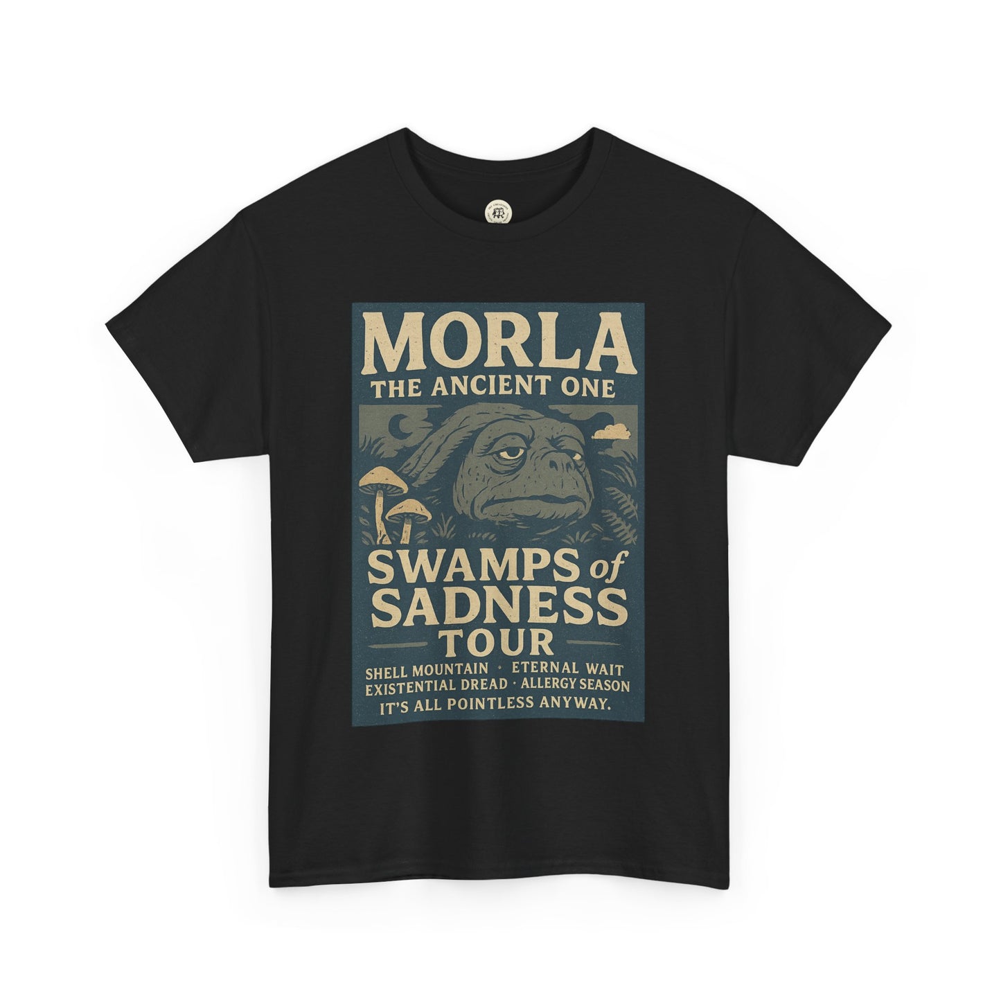 Black Neverending Story Morla t-shirt featuring vintage Morla the Ancient One graphic and Swamps of Sadness Tour design