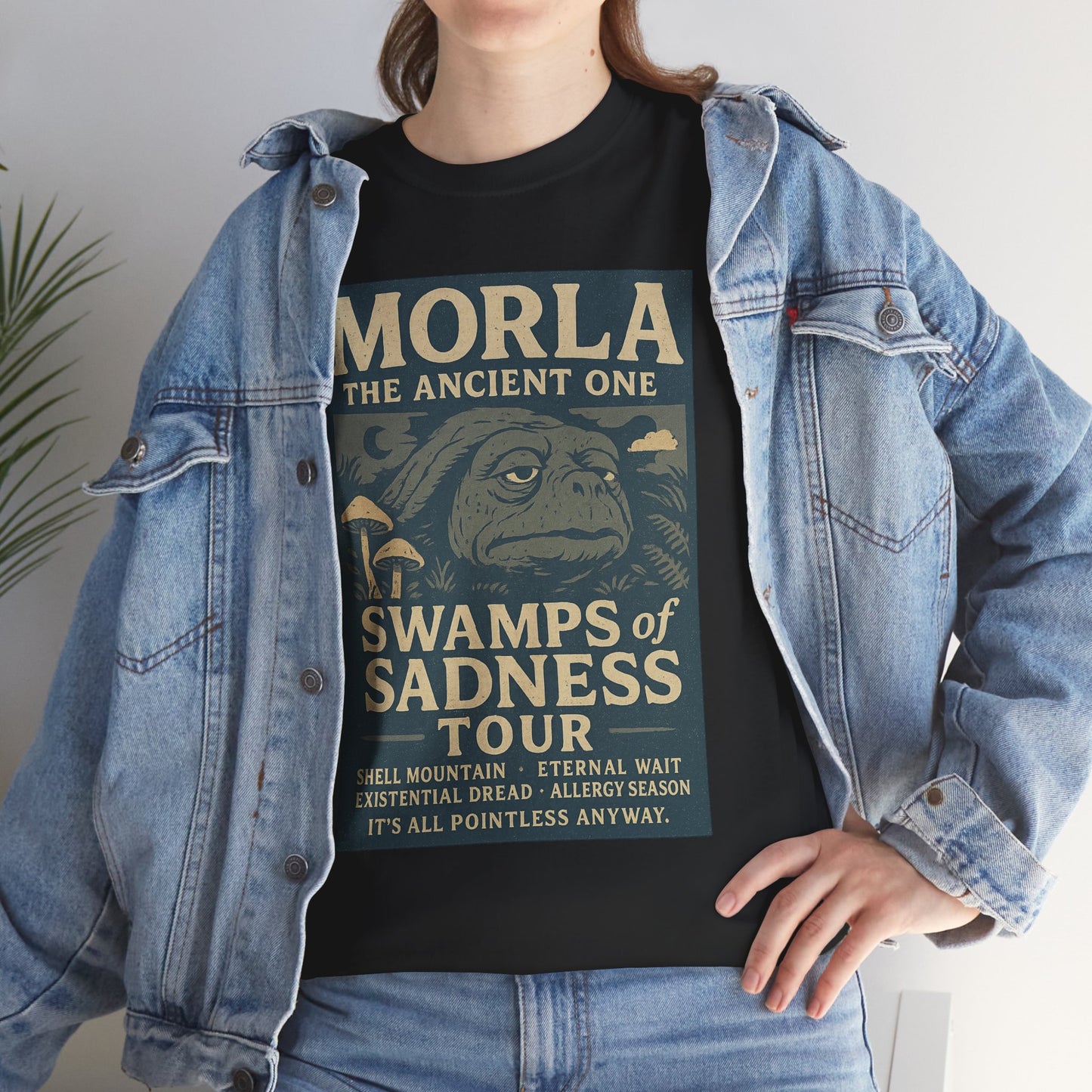 Neverending Story Morla t-shirt in black featuring ancient Morla design and Swamps of Sadness Tour text