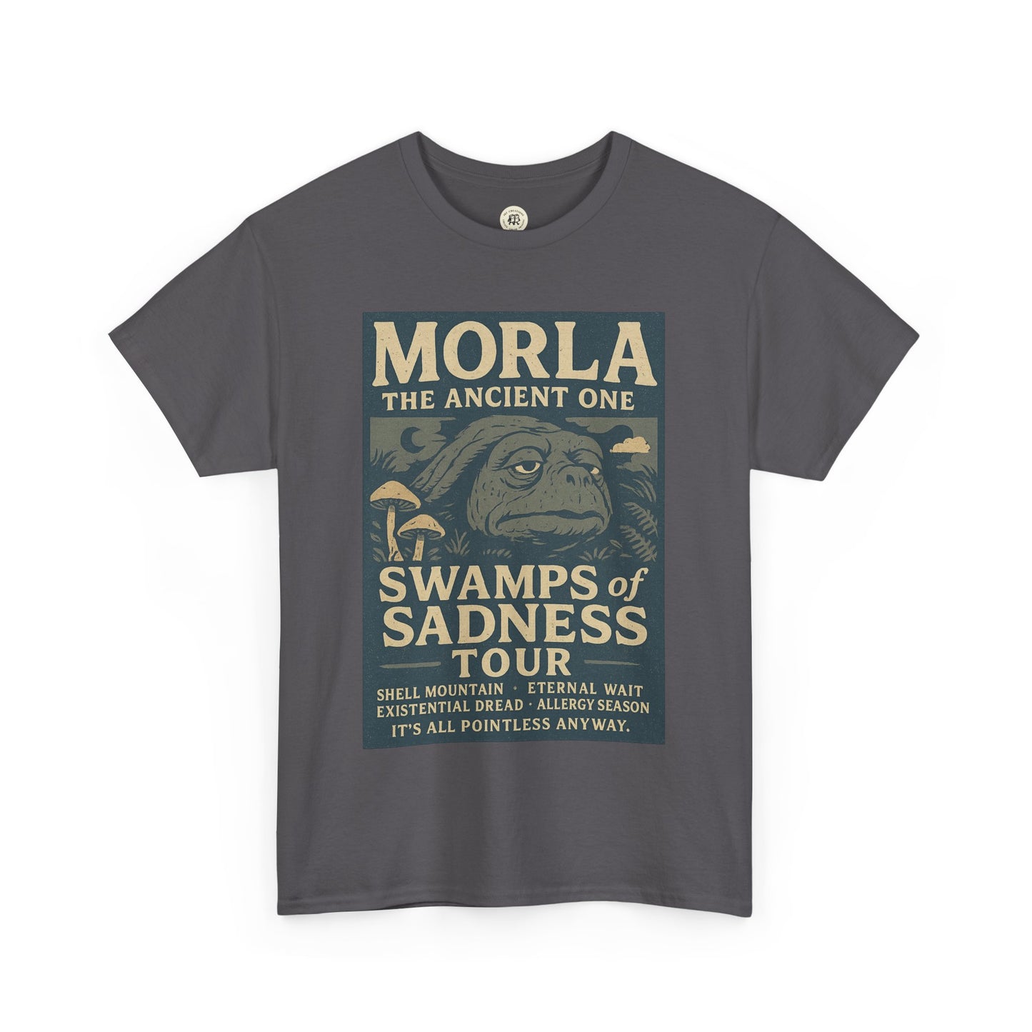 Printify Neverending Story Morla t-shirt in dark gray with vintage swamp-themed graphic design