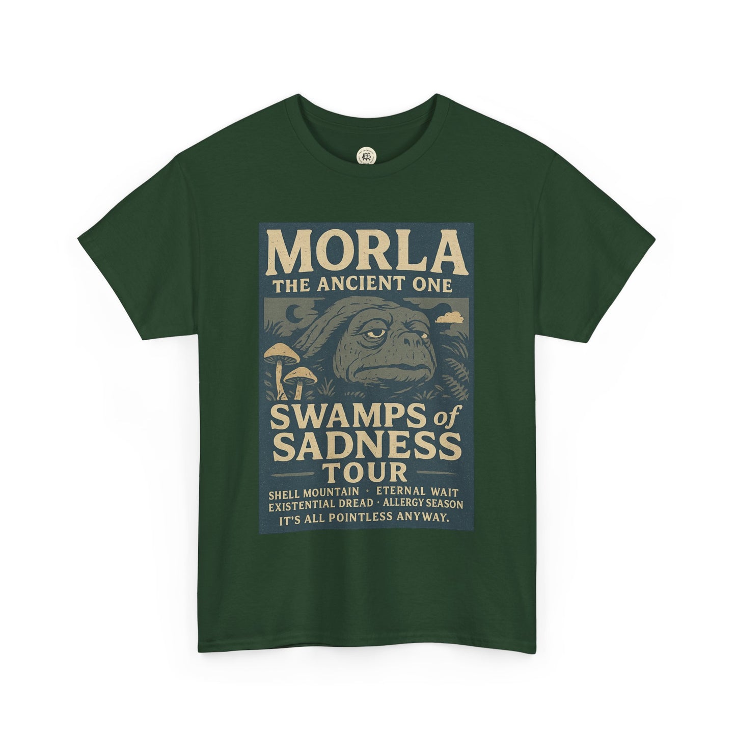 Green Neverending Story Morla t-shirt with Morla the Ancient One graphic and Swamps of Sadness Tour text