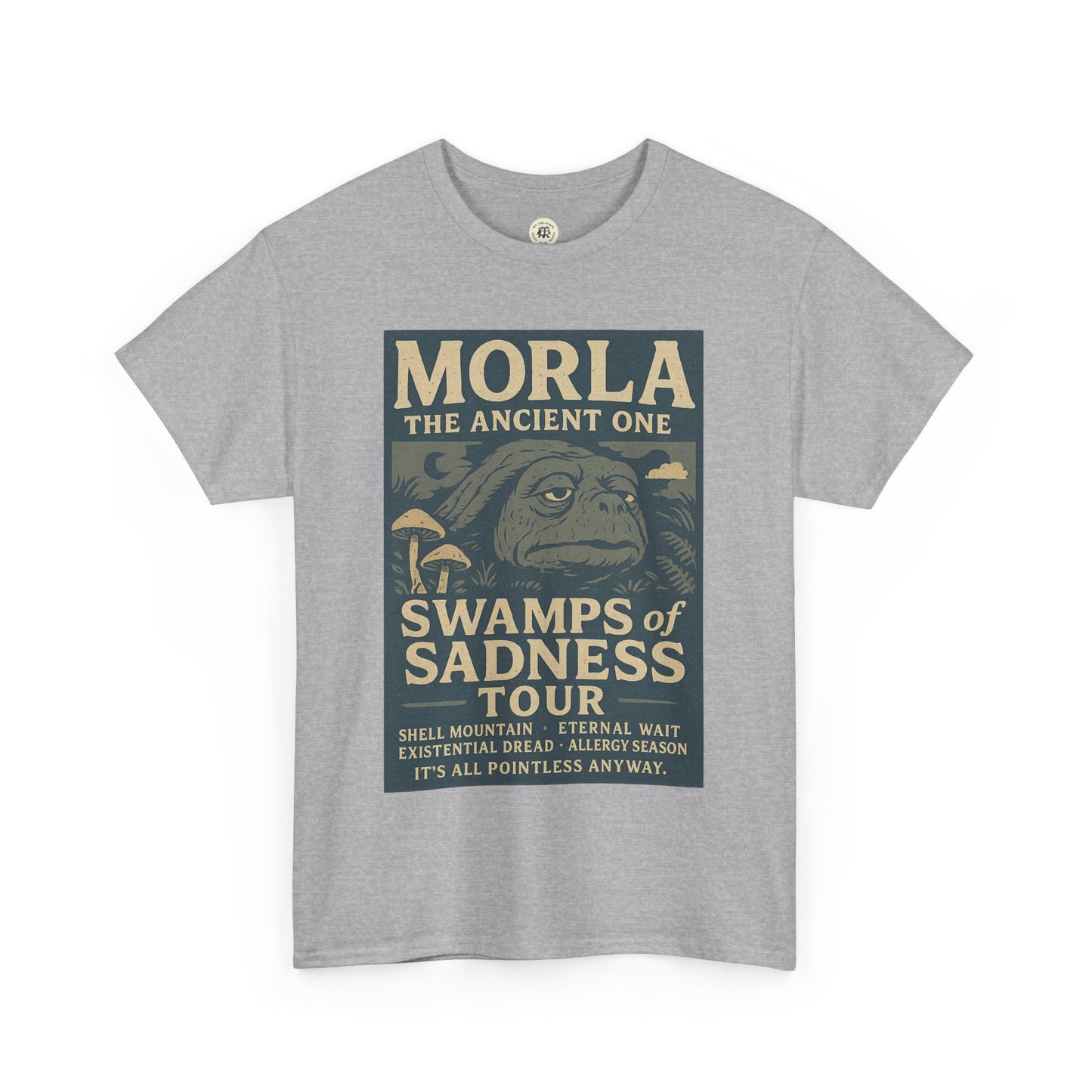 Gray Neverending Story Morla t-shirt featuring Morla the Ancient One with Swamps of Sadness Tour graphic