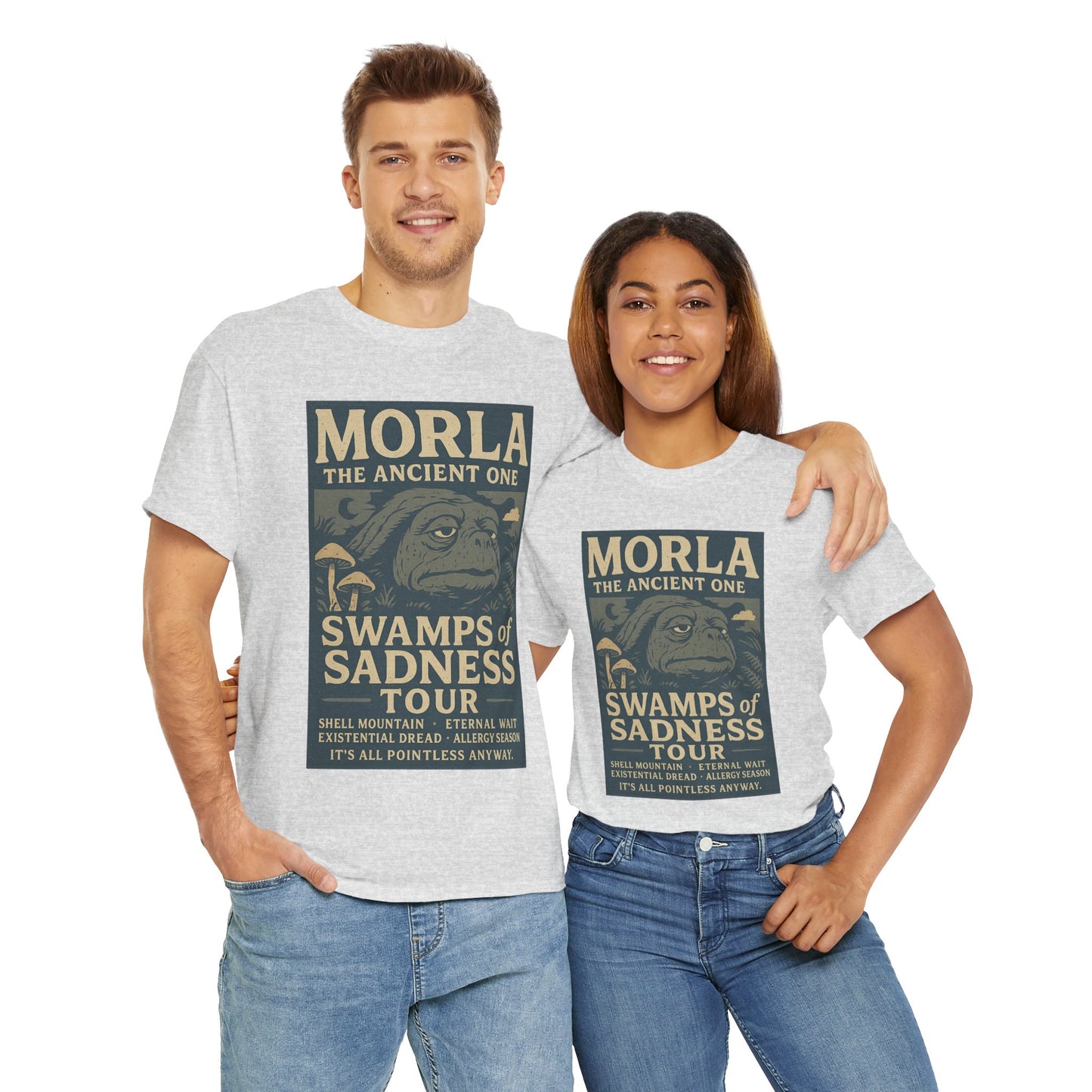 Neverending Story Morla t-shirt in gray worn by man and woman featuring Morla the Ancient One design