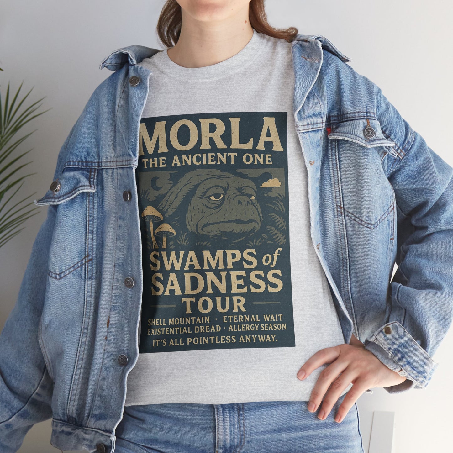 Neverending Story Morla t-shirt featuring vintage style print of Morla the ancient one with swamps of sadness tour design