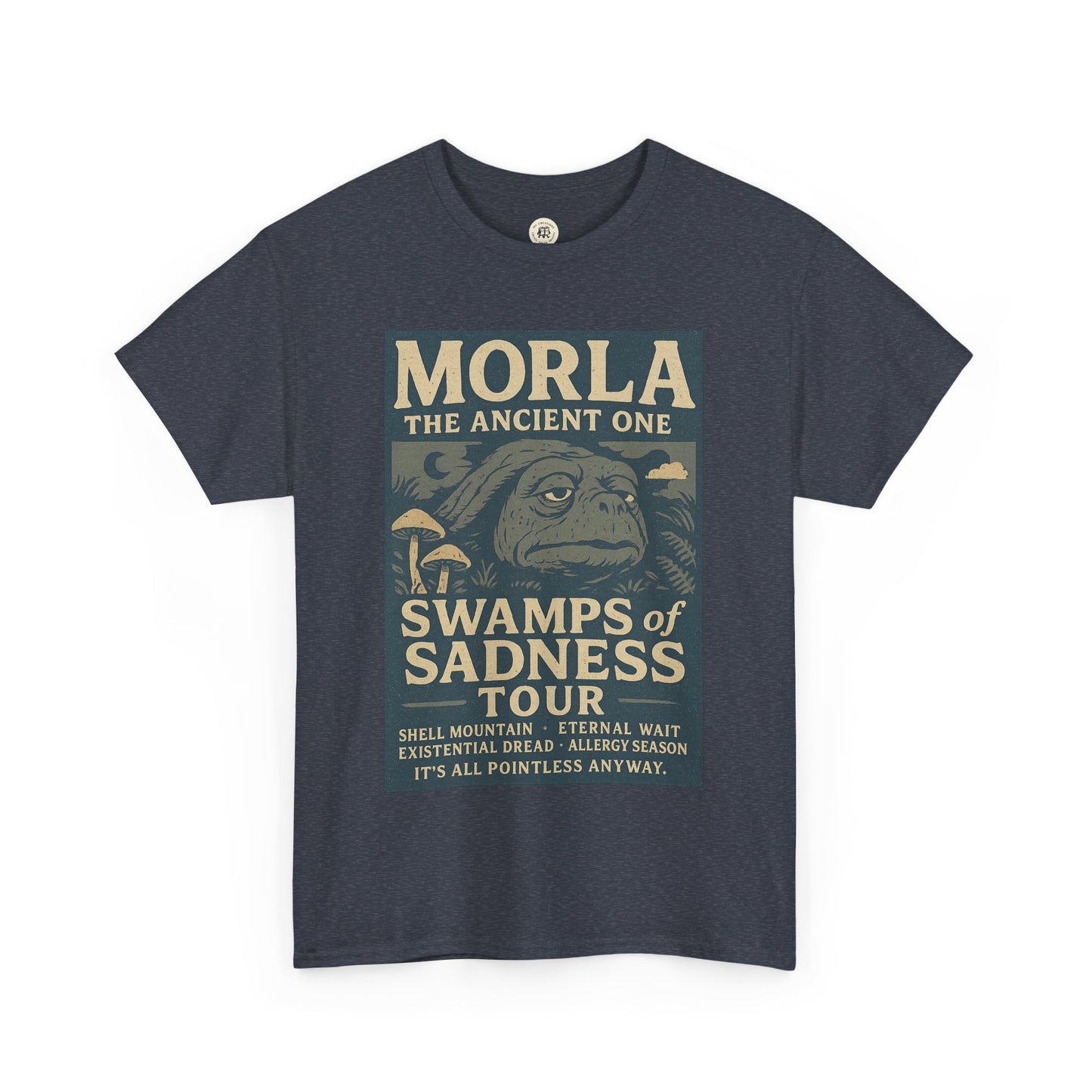 Neverending Story Morla t-shirt in dark gray featuring Morla the Ancient One with Swamps of Sadness Tour graphic