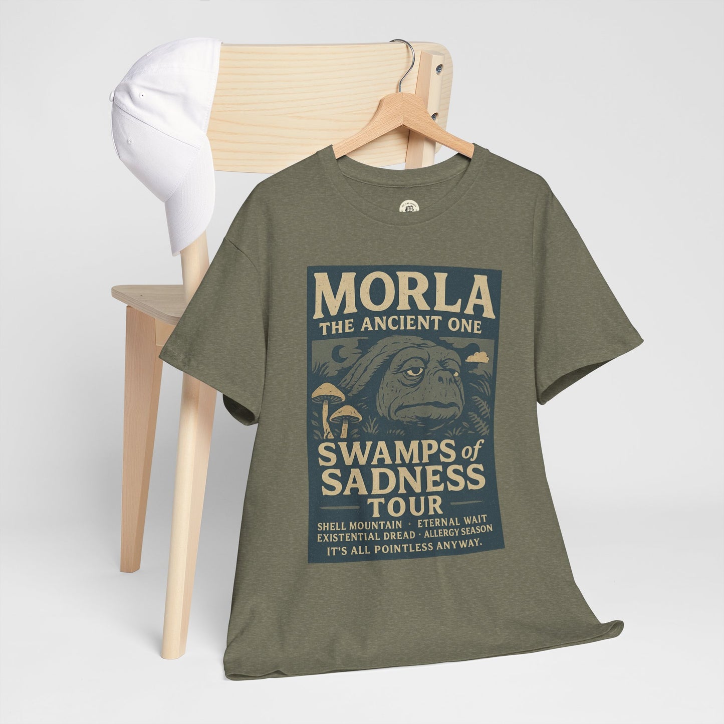 Printify Neverending Story Morla t-shirt with vintage swamp tour graphic in olive green