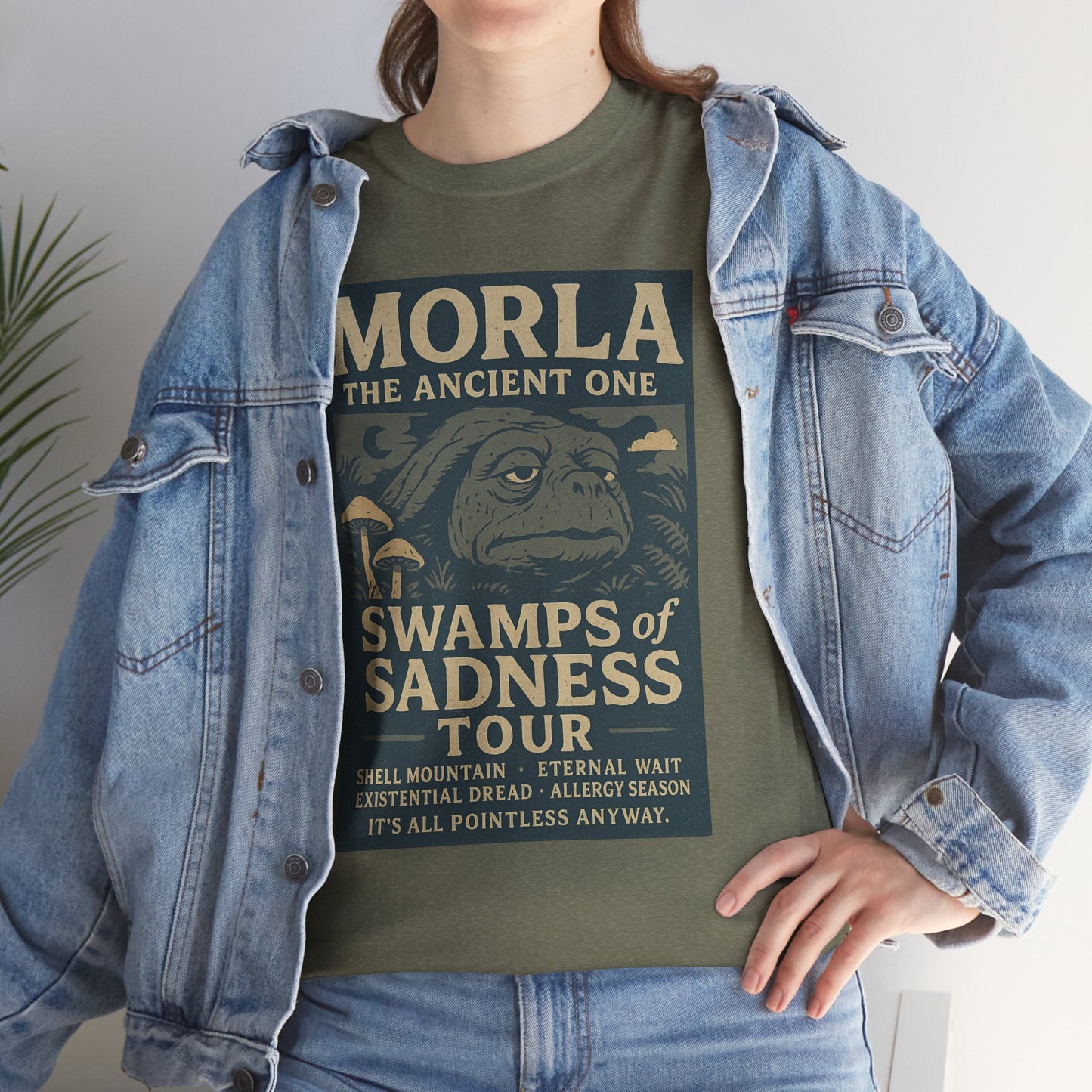 Neverending Story Morla t-shirt featuring Morla the Ancient One design on olive green shirt