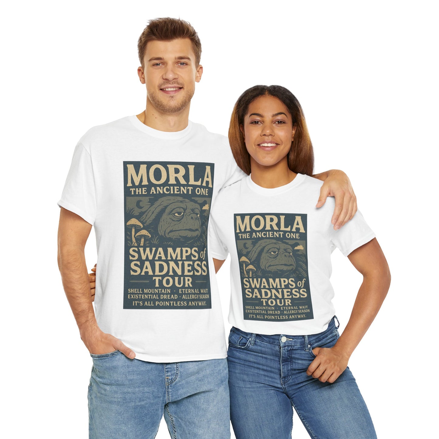 Men and women wearing Neverending Story Morla t-shirt with ancient one swamp sadness tour design