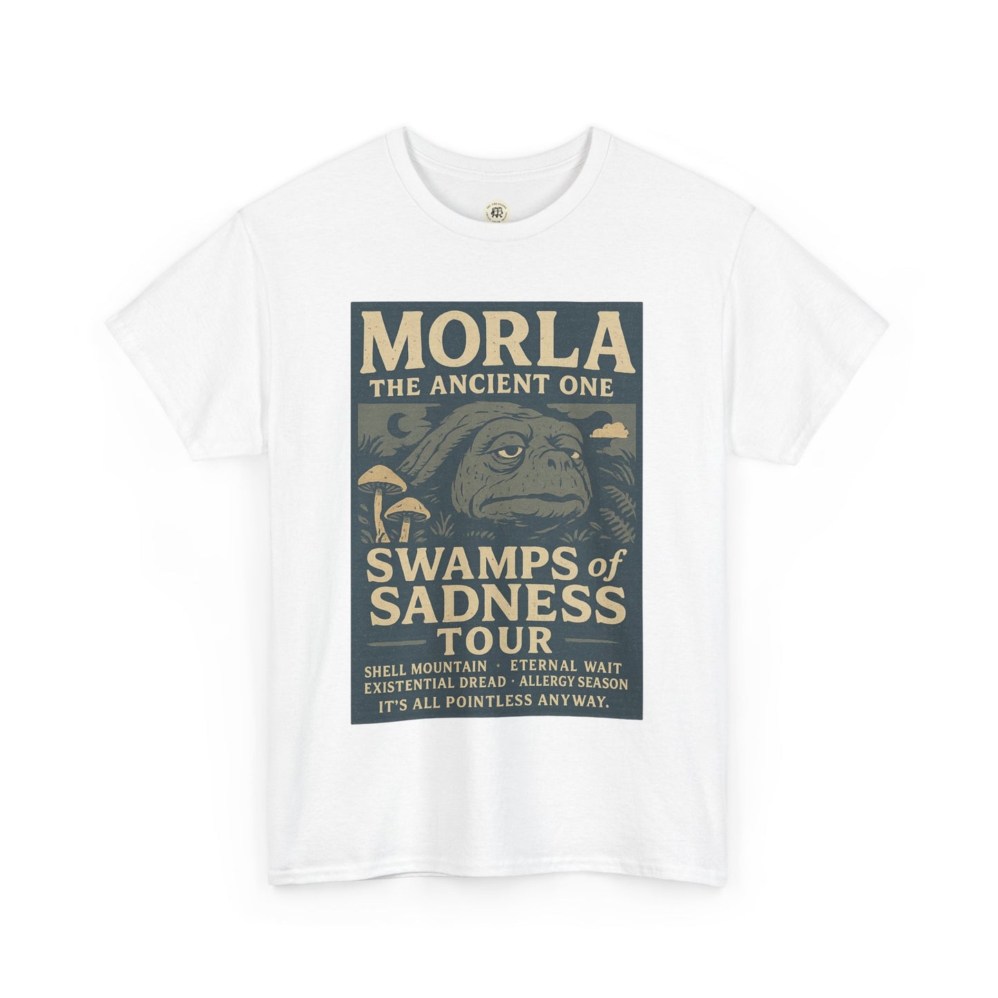 White Neverending Story Morla t-shirt featuring Morla the Ancient One graphic with Swamps of Sadness Tour design