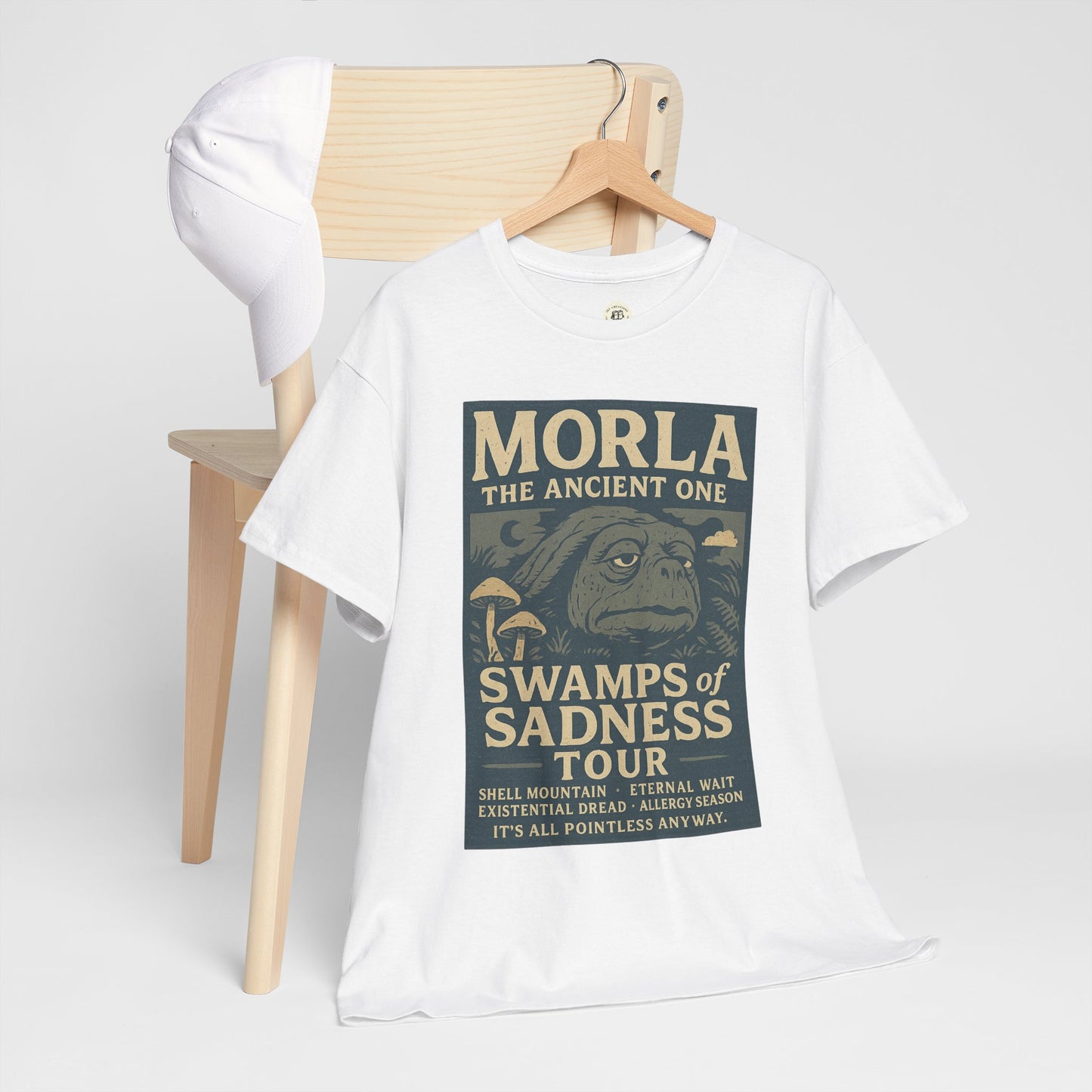 Printify Neverending Story Morla t-shirt in white with graphic design of Morla the Ancient One and Swamps of Sadness Tour text