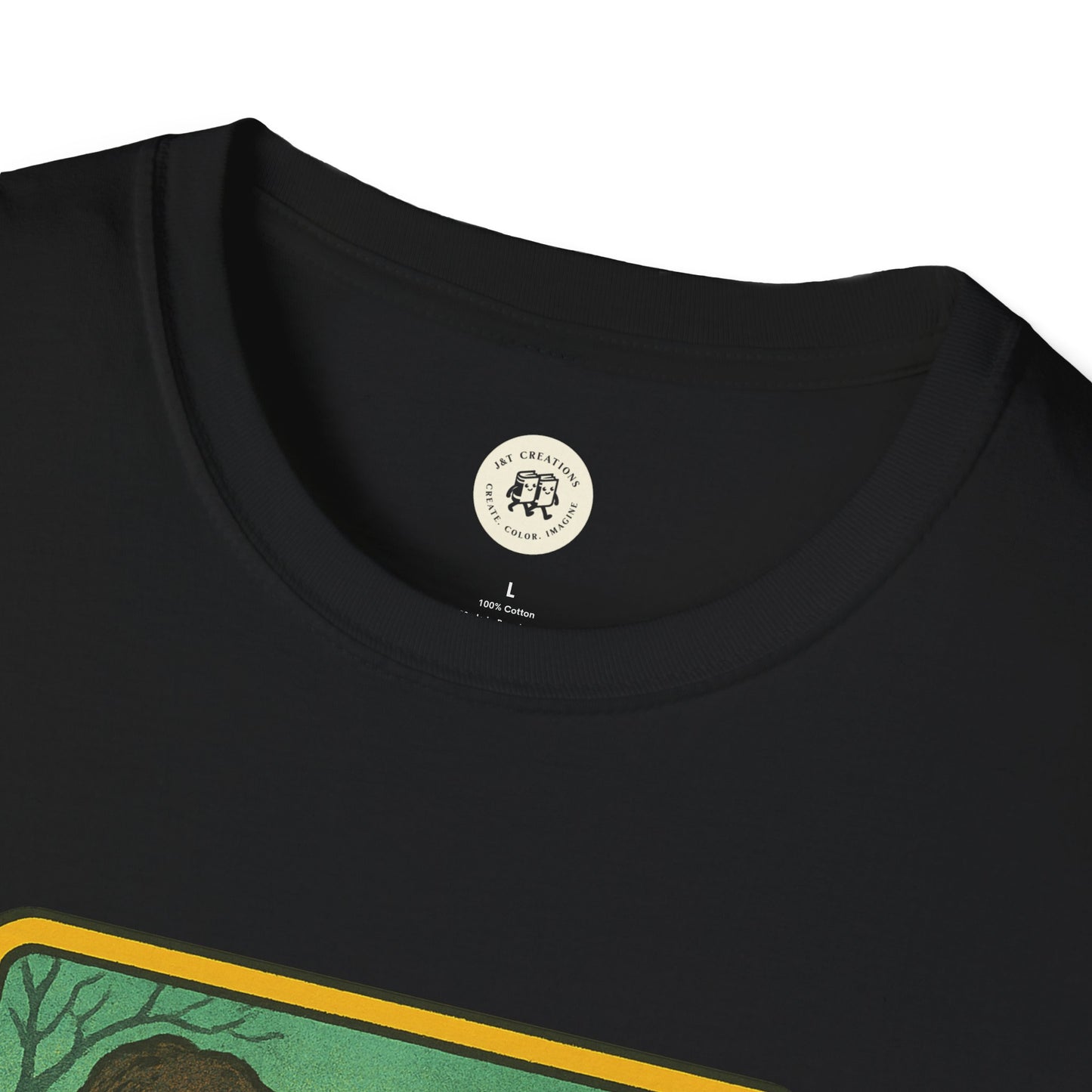 Close-up of black Oasis retro band t-shirt collar made by Printify with colorful graphic print