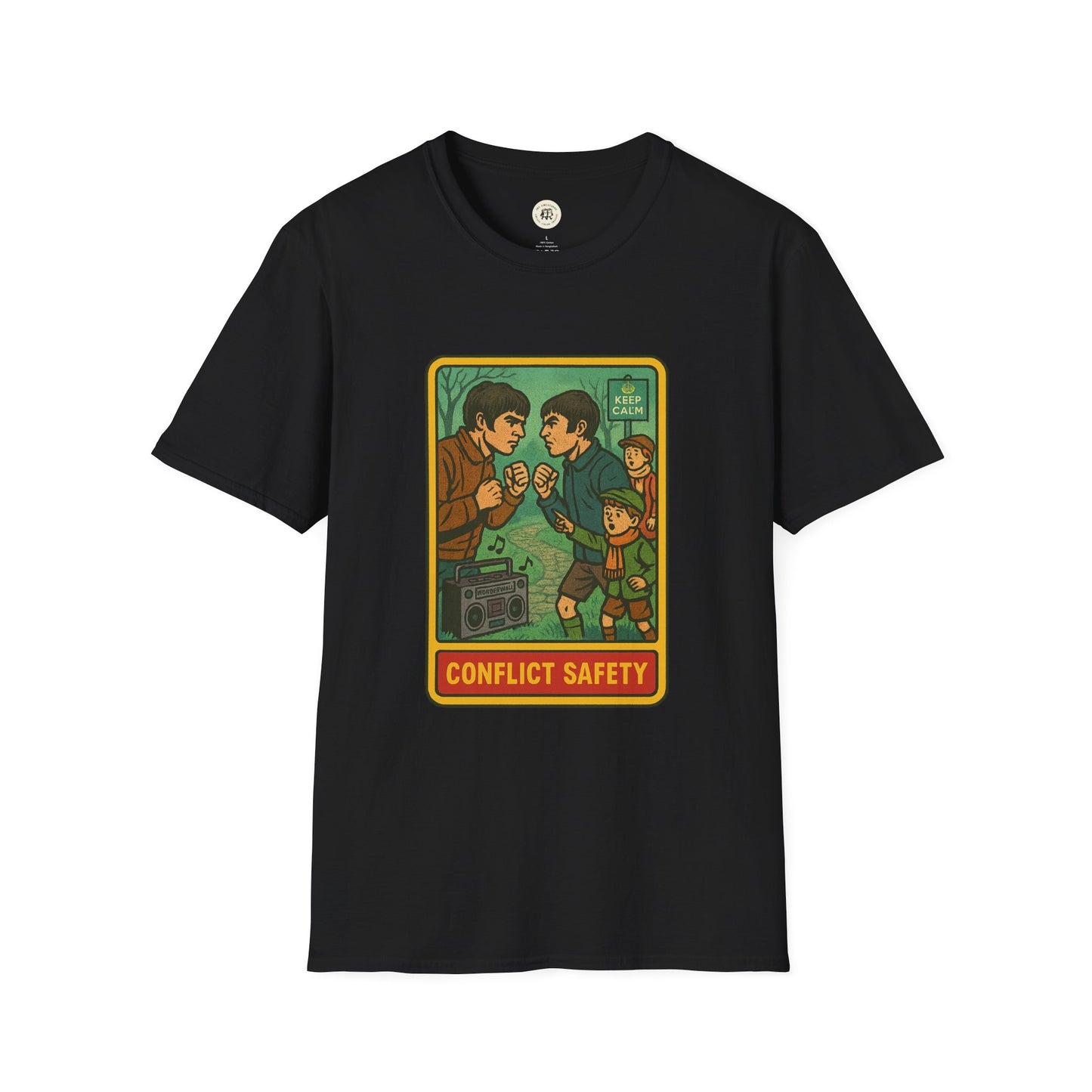 Printify black Oasis retro band t-shirt featuring a vintage conflict safety graphic design