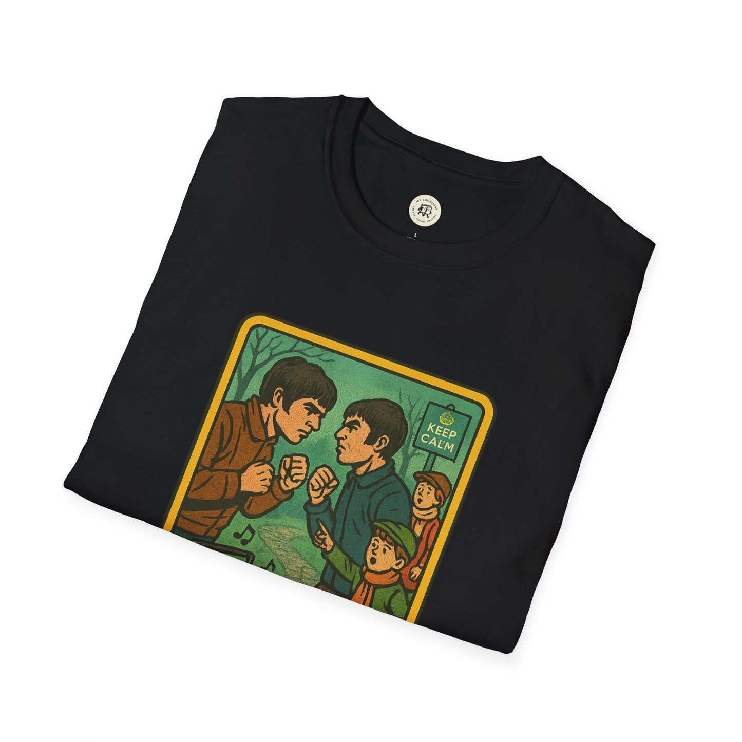 Black Oasis retro band t-shirt featuring colorful vintage cartoon design from Printify