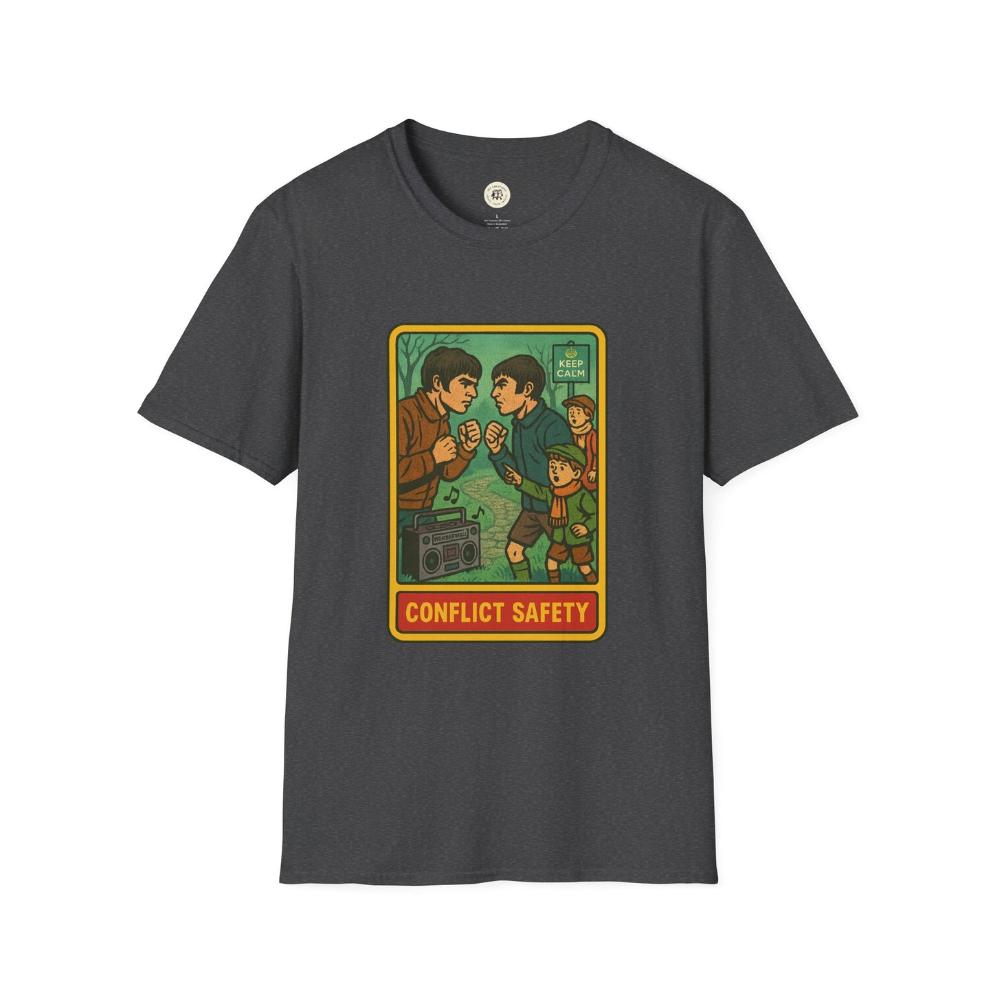 Oasis retro band t-shirt in dark gray featuring a vintage conflict safety graphic design