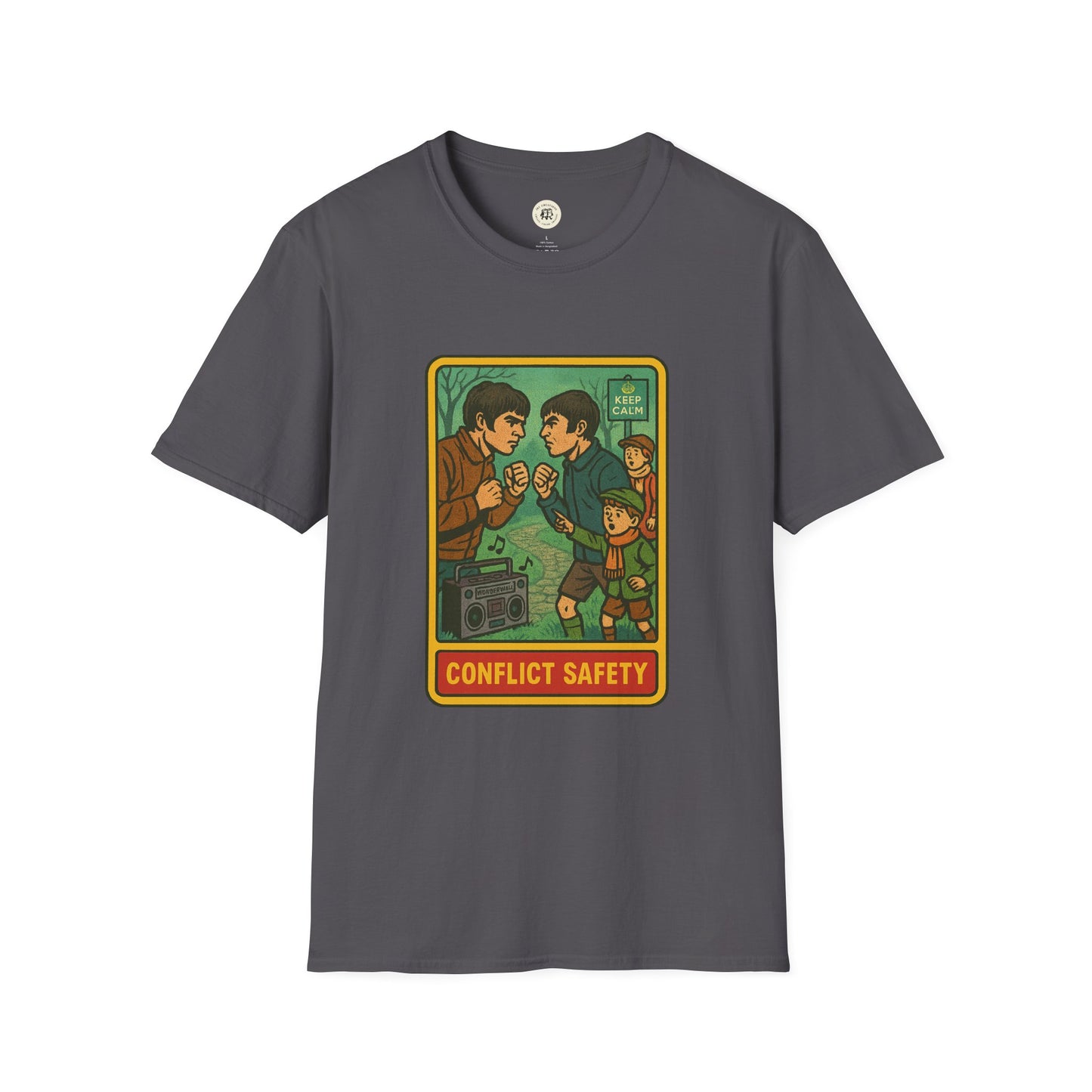 Oasis retro band t-shirt with vintage conflict safety graphic on dark gray Printify shirt