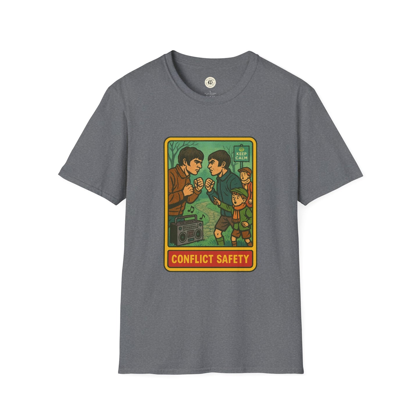 Gray Oasis retro band t-shirt featuring a vintage conflict safety graphic with people and a radio