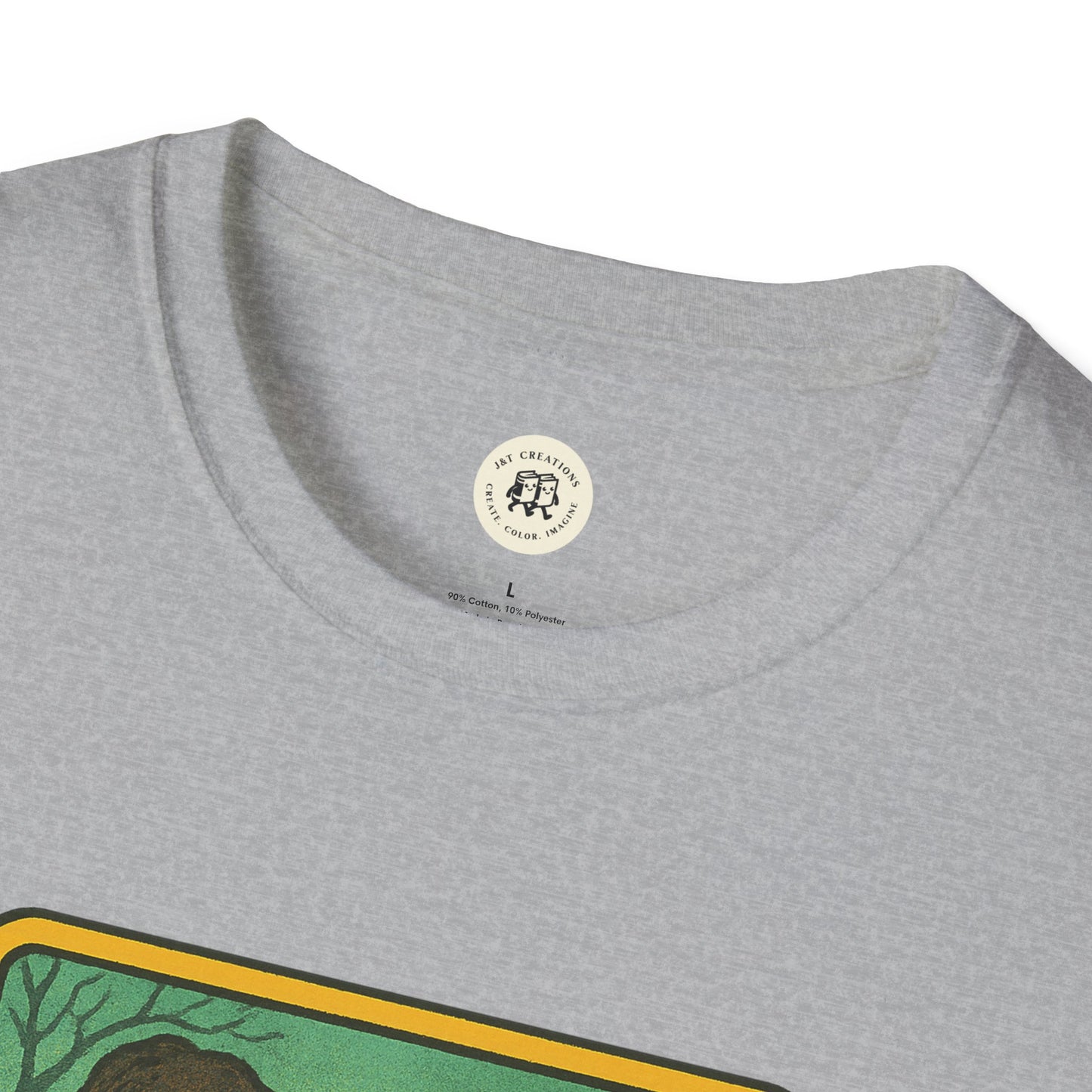 Close-up of gray Oasis retro band t-shirt collar and upper printed design by Printify