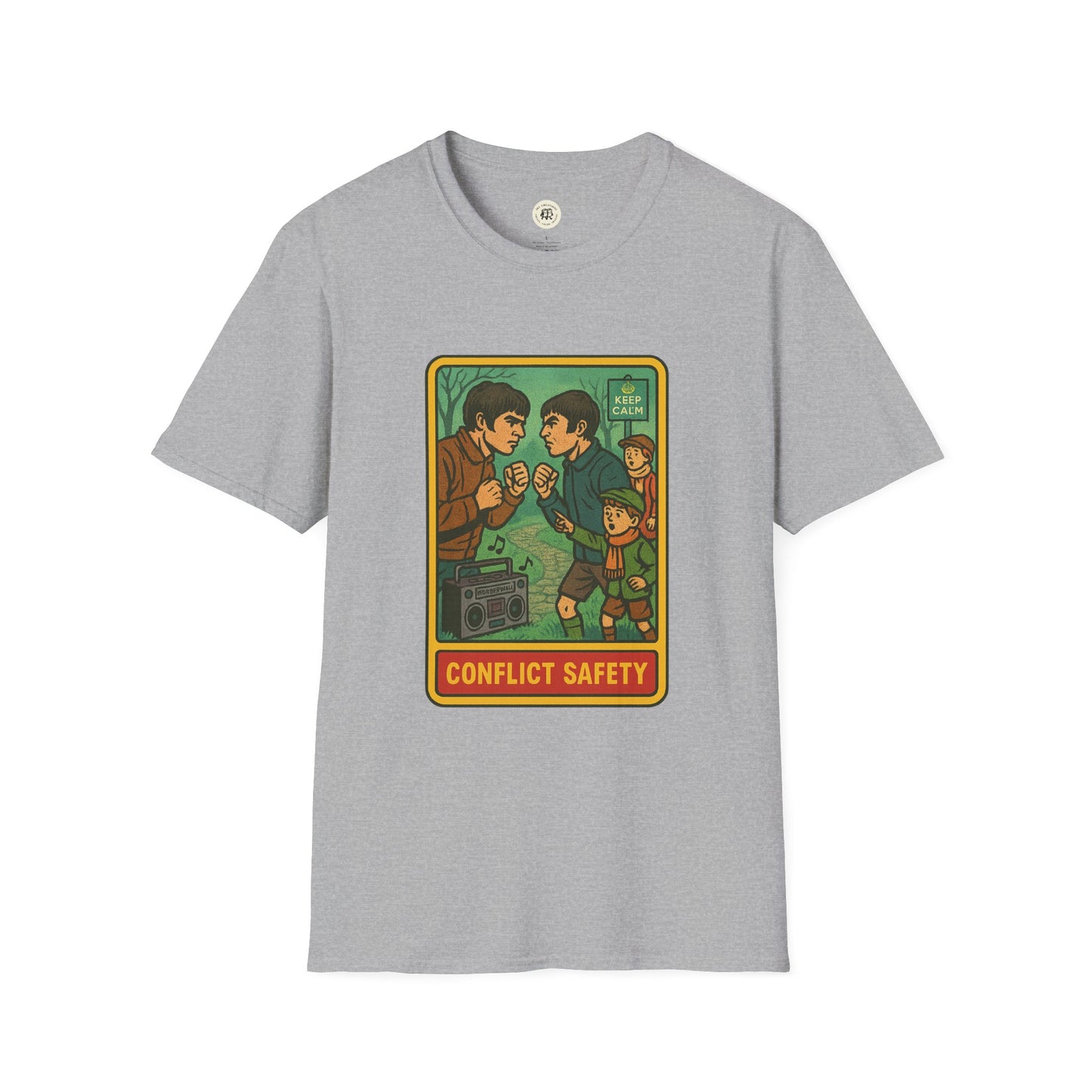 Gray Oasis retro band t-shirt featuring a vintage style graphic of two men boxing with conflict safety text