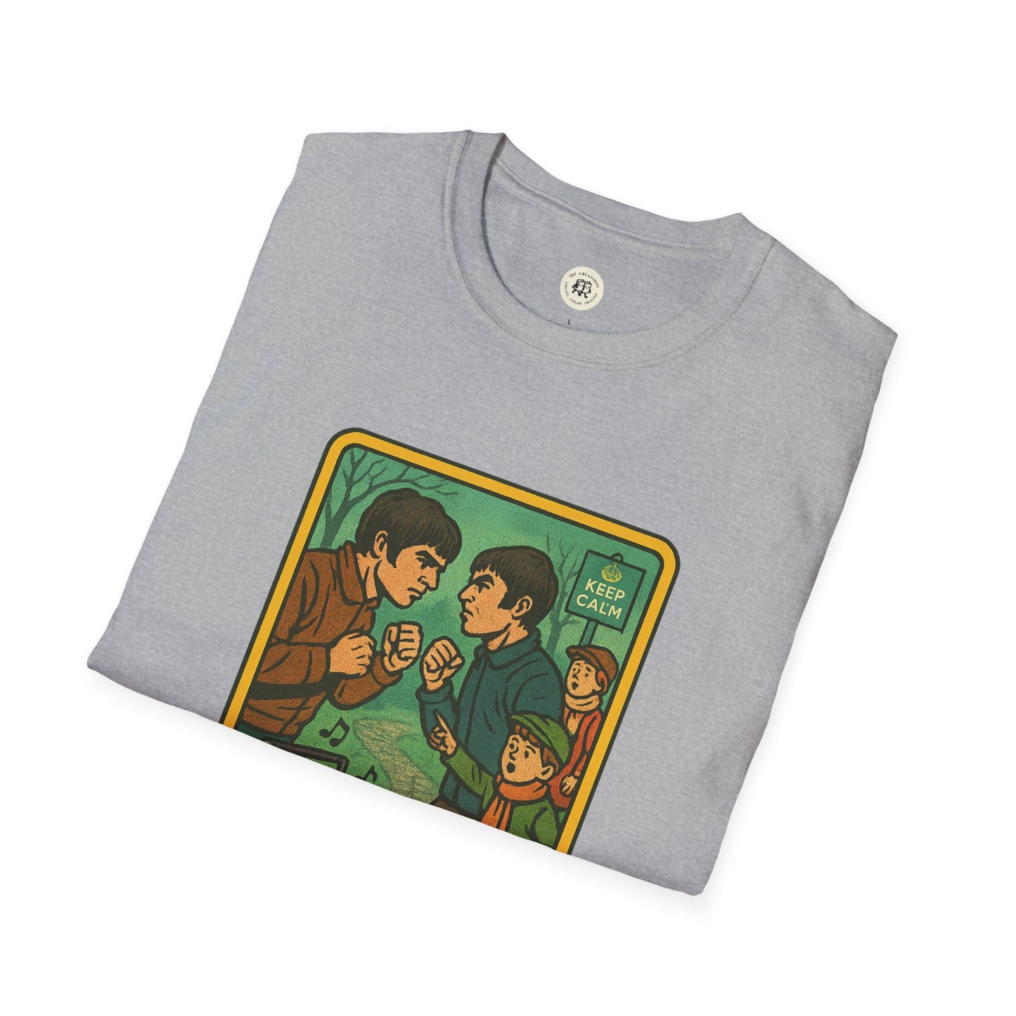 Gray Printify Oasis retro band t-shirt with colorful vintage cartoon graphic design folded