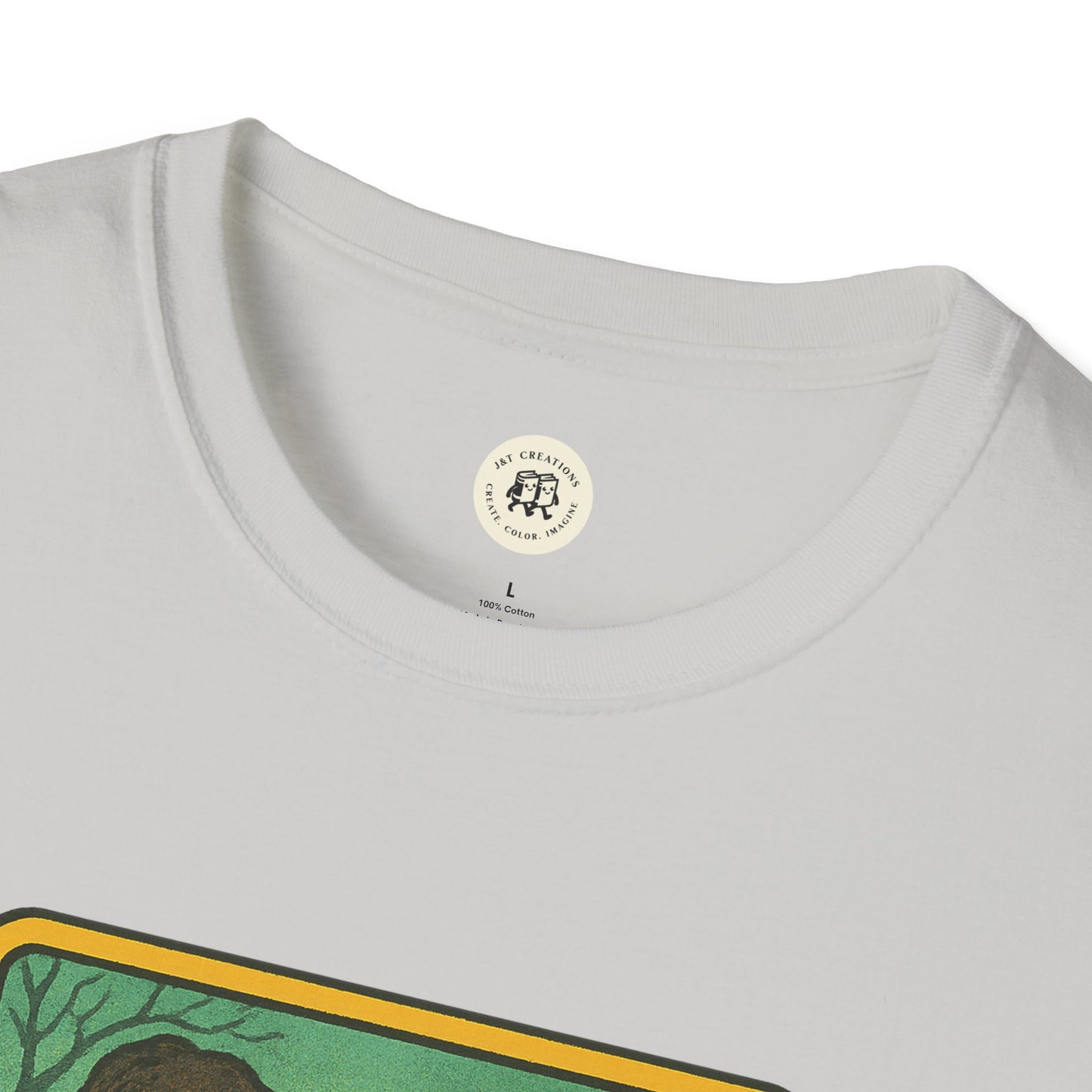 Close-up of white Printify Oasis retro band t-shirt showing neckline and part of vintage design