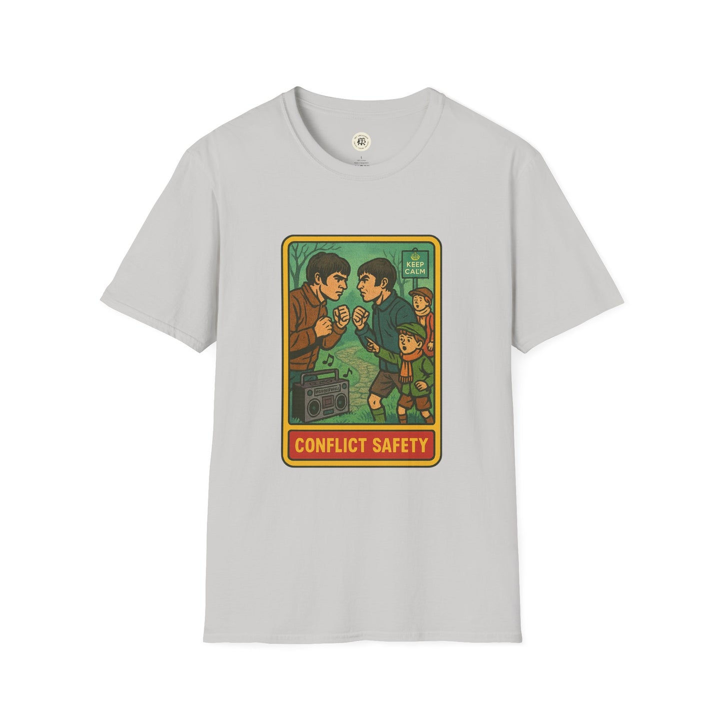 Oasis retro band t-shirt with vintage conflict safety graphic and muted green and brown colors
