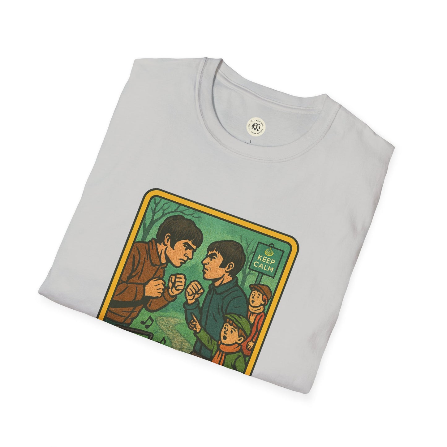 White Oasis retro band t-shirt with colorful cartoon graphic and Keep Calm sign by Printify