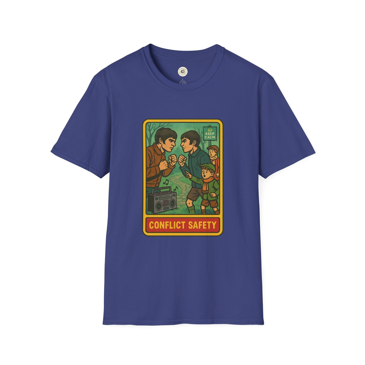 Blue Printify Oasis retro band t-shirt featuring vintage conflict safety graphic design