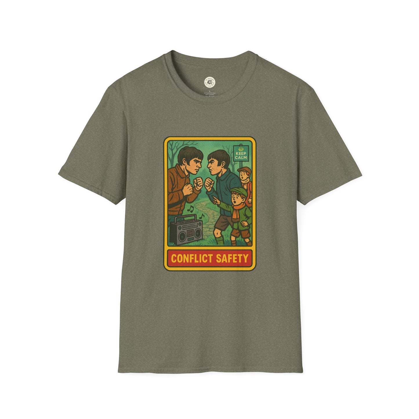 Oasis retro band t-shirt with vintage conflict safety graphic print on olive green fabric
