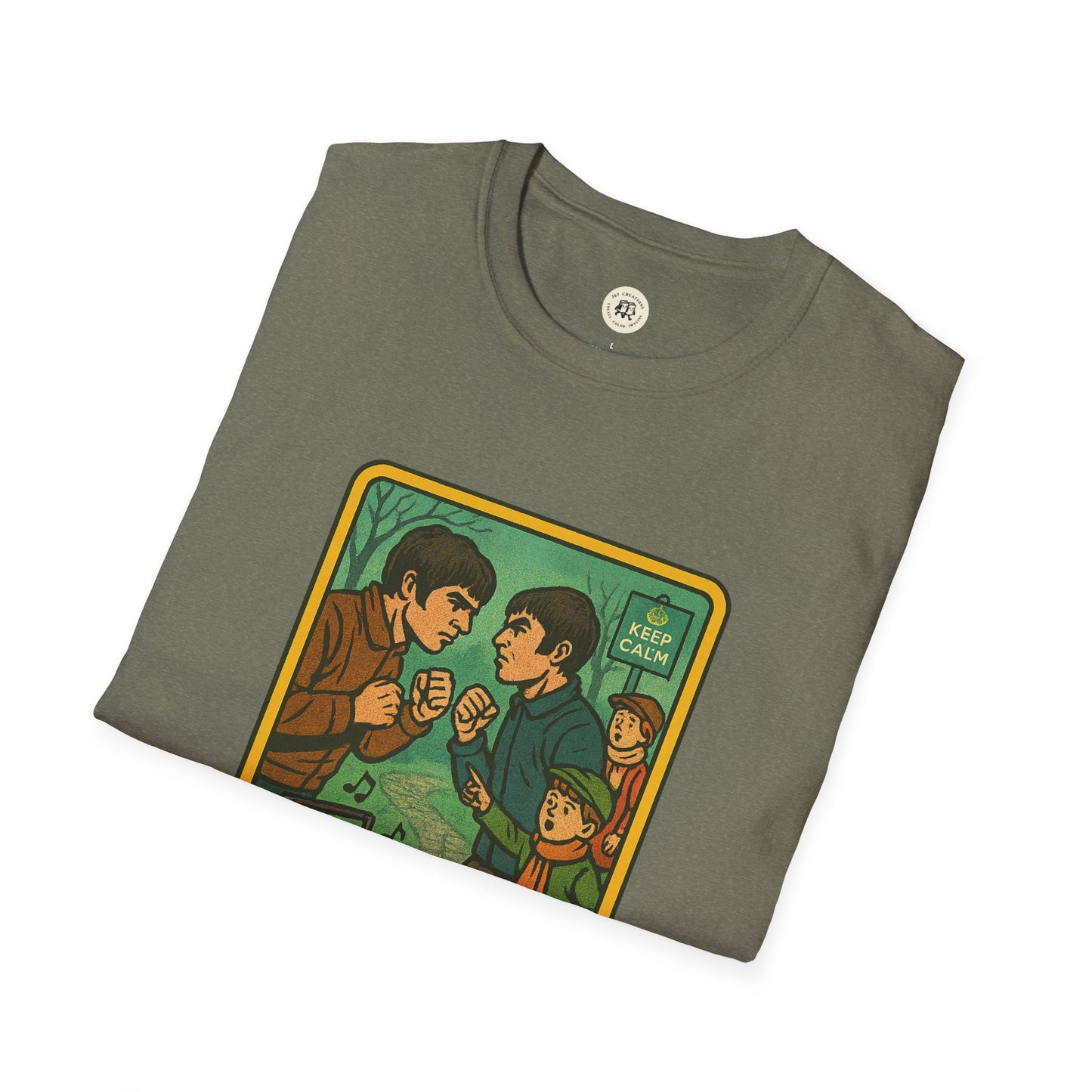 Printify olive green Oasis retro band t-shirt featuring vintage cartoon fighting scene and keep calm sign