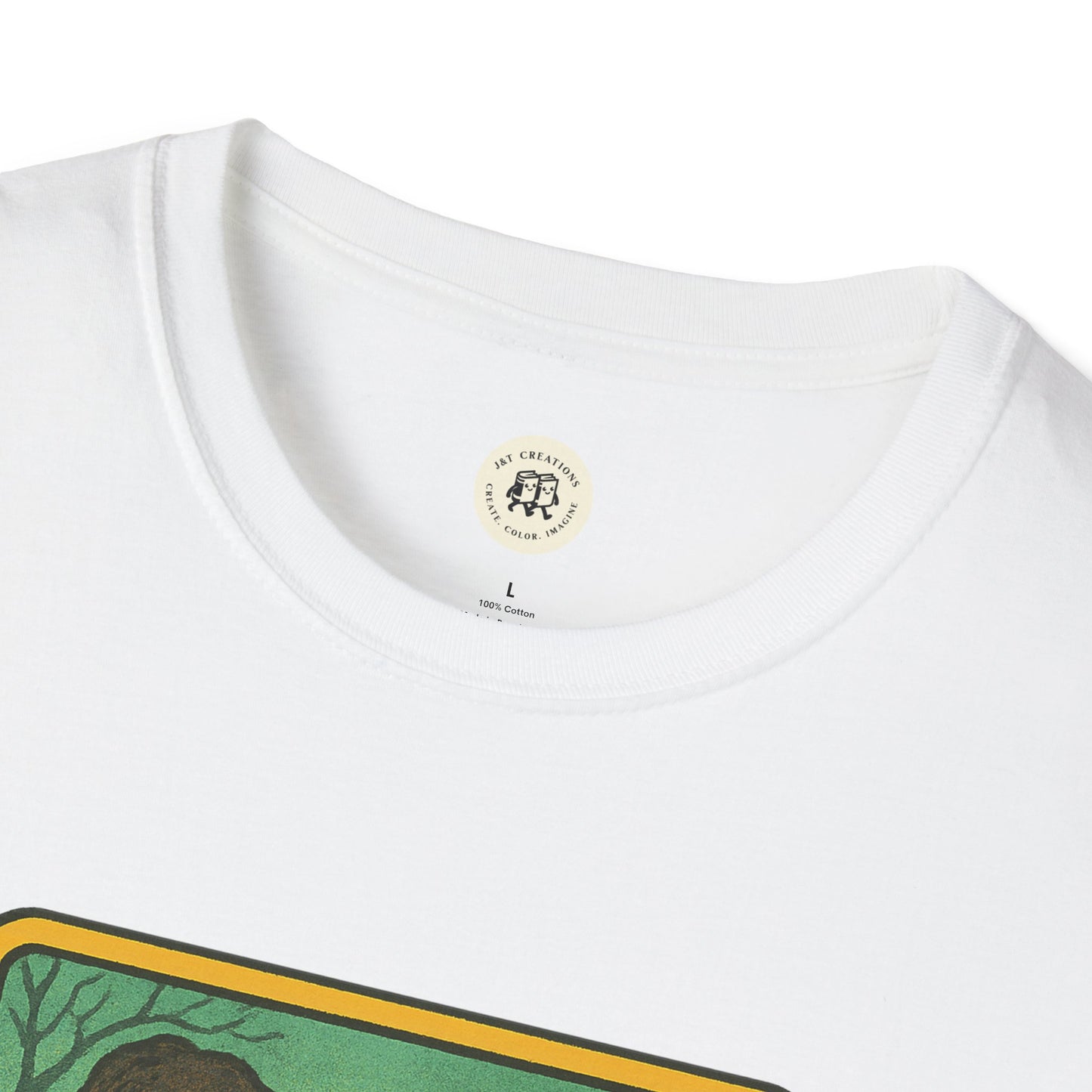 White Printify Oasis retro band t-shirt with round neckline and partial graphic print