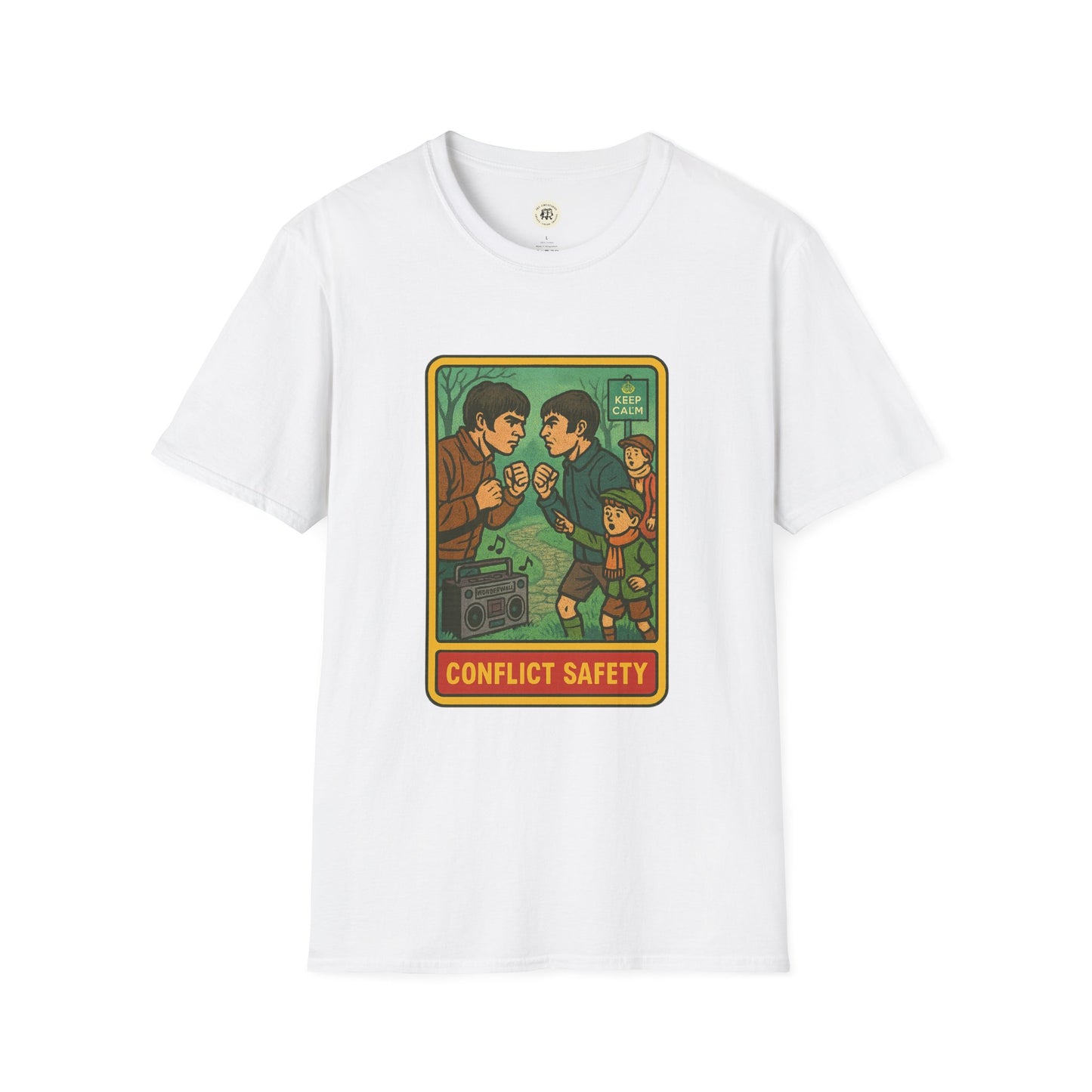 Printify white t-shirt featuring Oasis retro band t-shirt design with conflict safety graphic