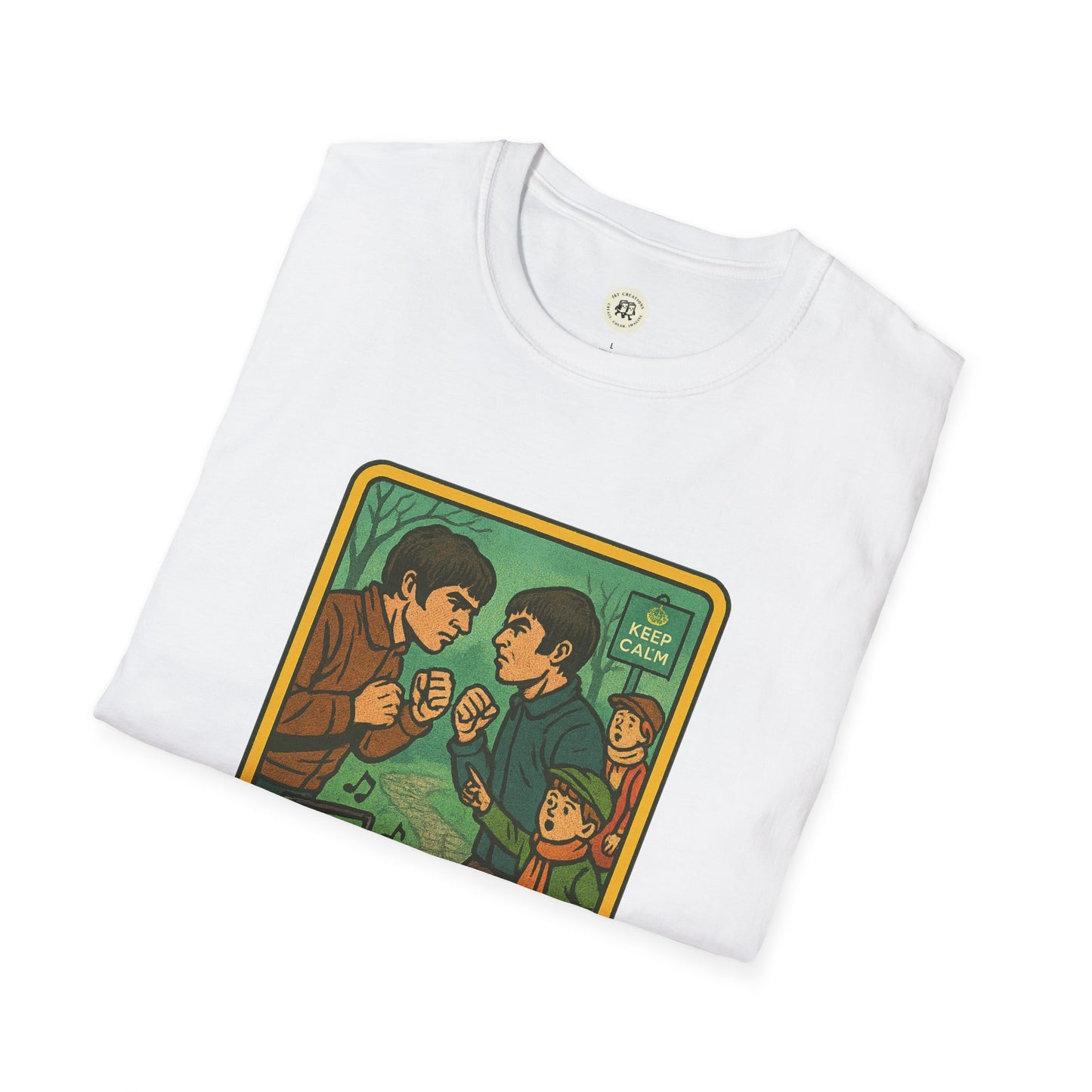 White Oasis retro band t-shirt with colorful vintage cartoon design folded neatly