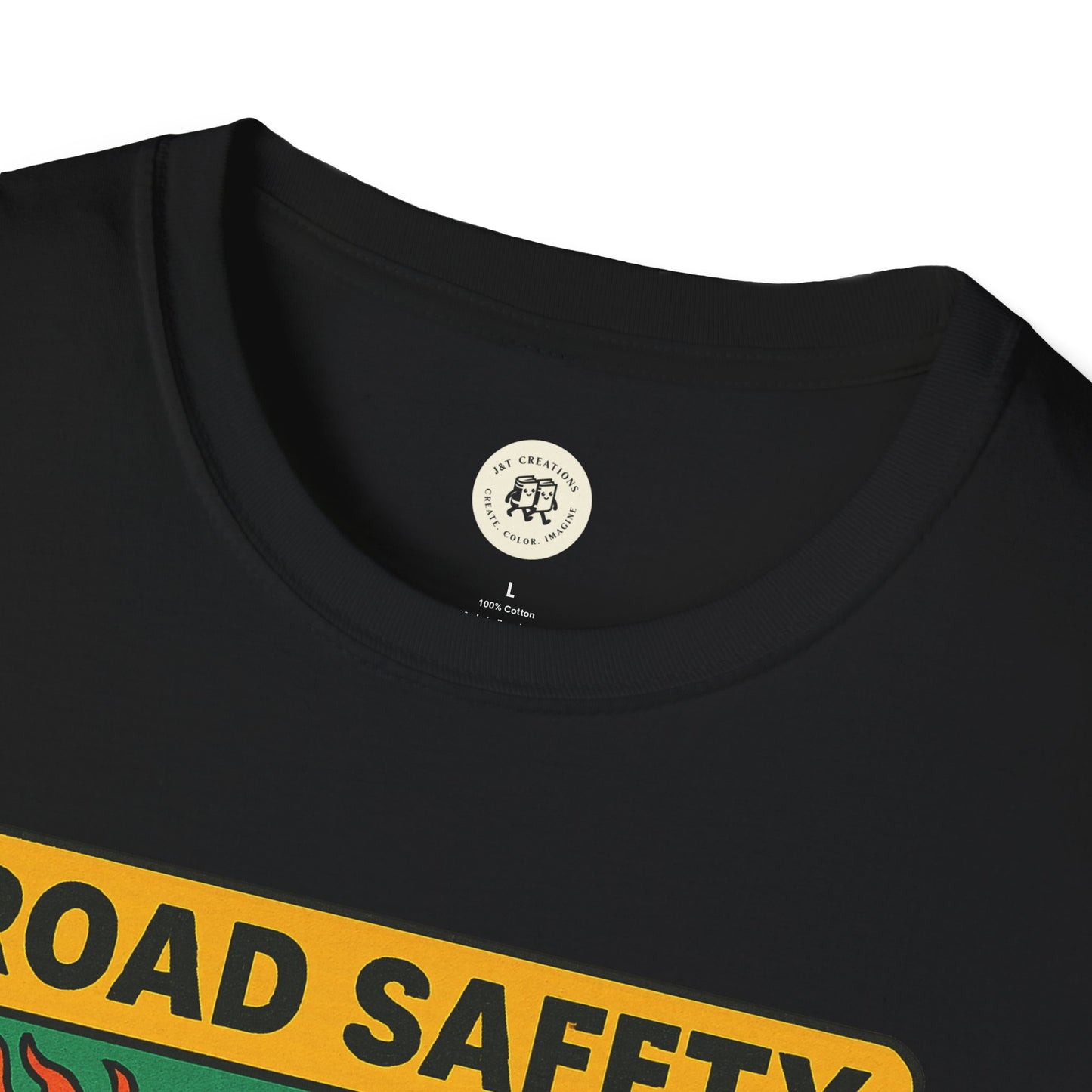 Black offspring retro safety shirt with bold yellow and green road safety print on front