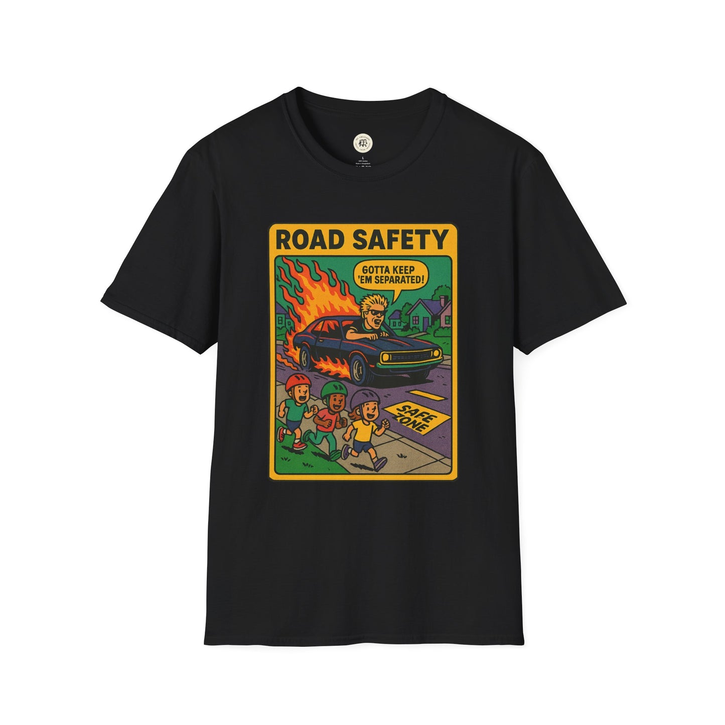 Black Printify t-shirt featuring offspring retro safety shirt design with vintage road safety graphic