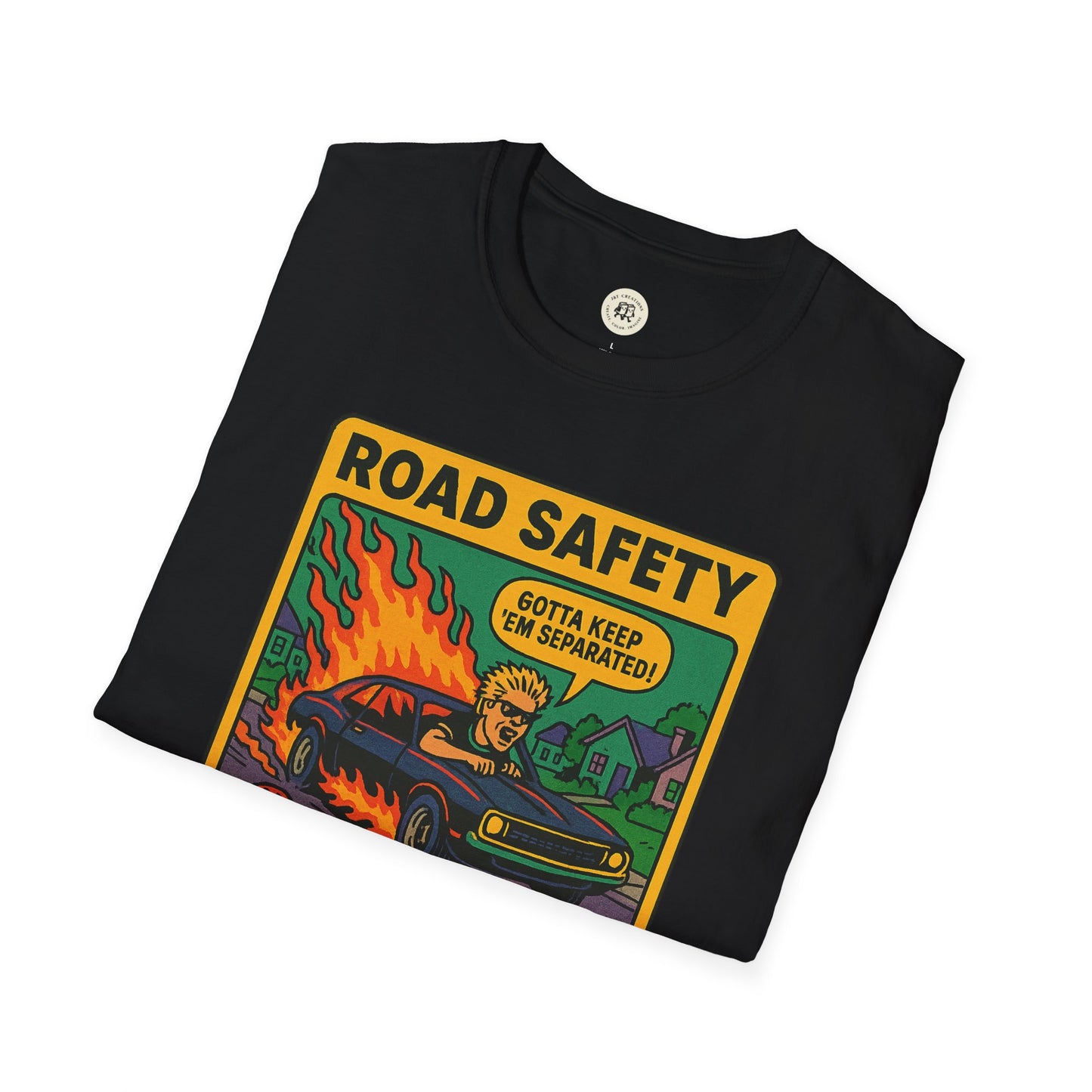 Black Printify t-shirt with offspring retro safety shirt graphic of car on fire and comic text