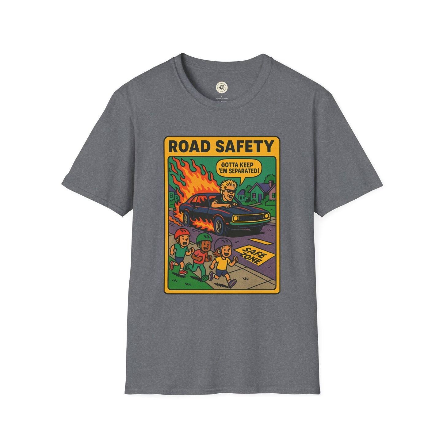 Gray offspring retro safety shirt with vintage cartoon road safety design and kids crossing street