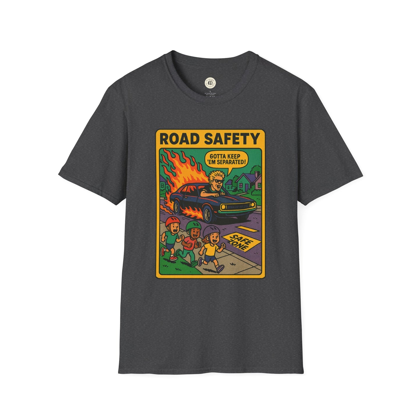 Dark gray offspring retro safety shirt featuring a vintage road safety graphic with kids and a flaming car