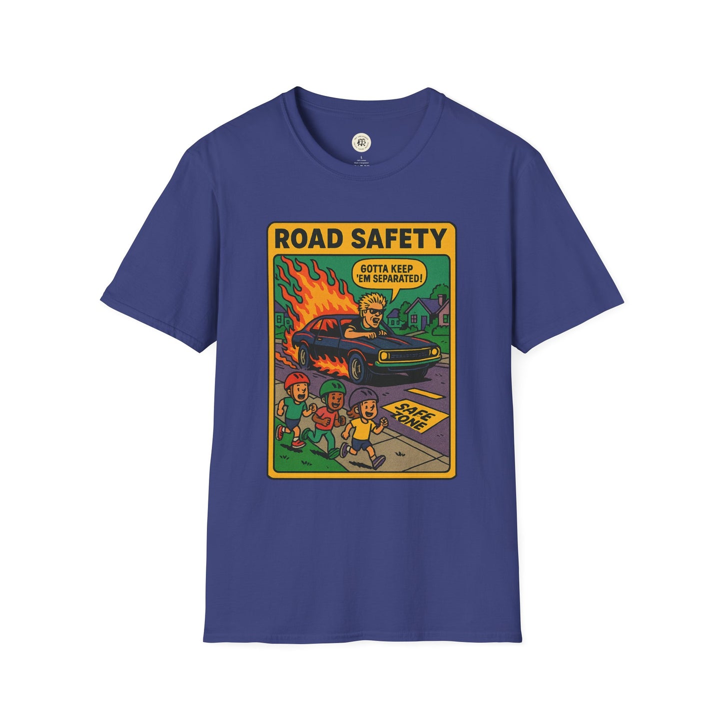 Blue Printify T-Shirt featuring offspring retro safety shirt graphic with kids and a car illustration