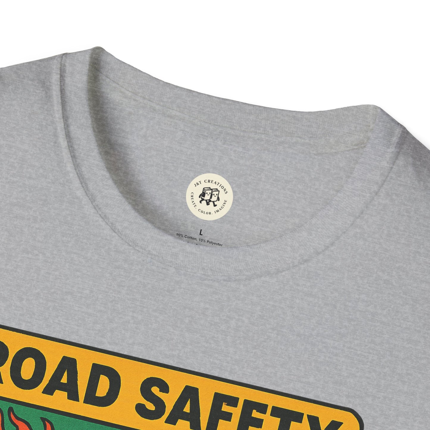 Close-up of gray offspring retro safety shirt with road safety graphic and round neckline