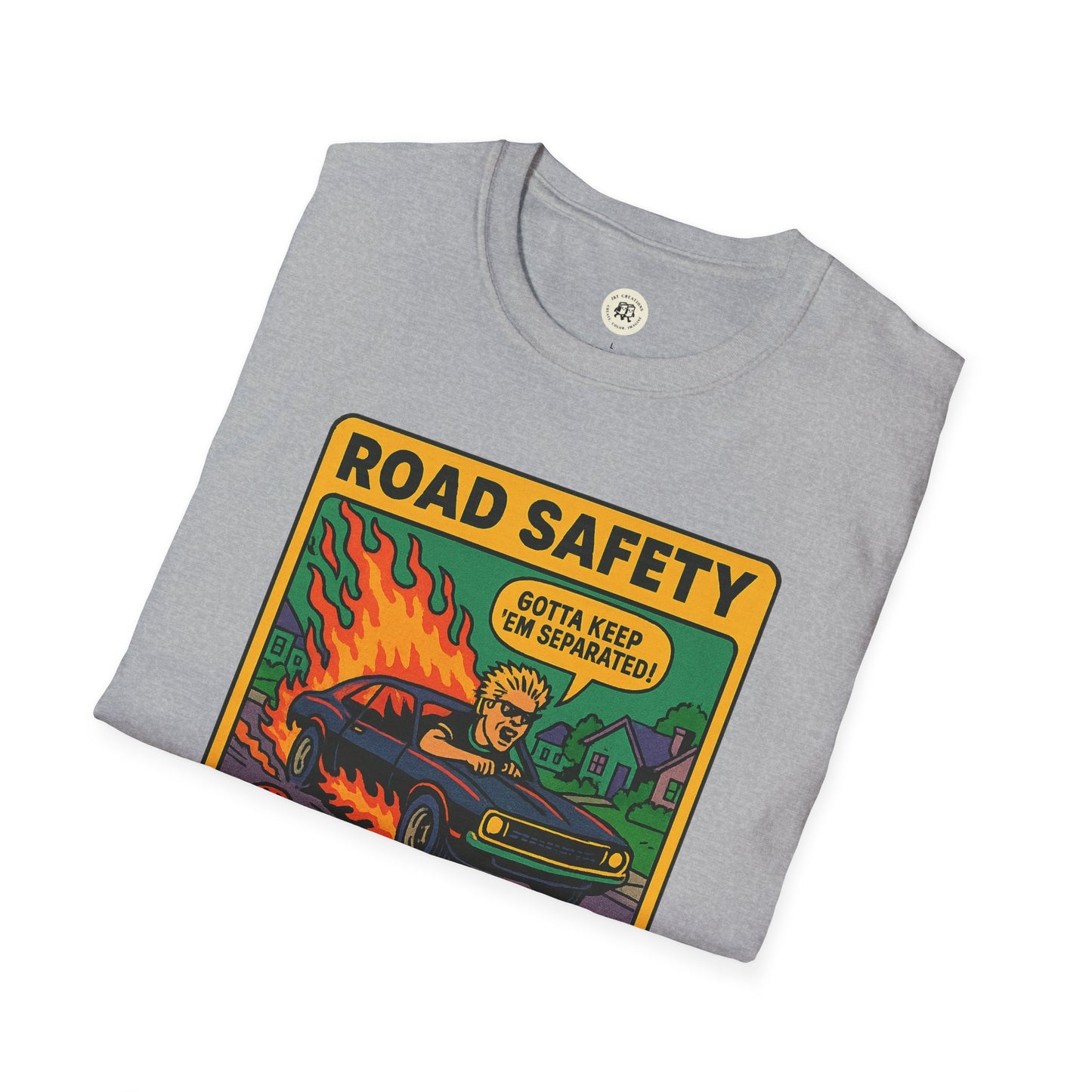 Printify gray offspring retro safety shirt with vintage road safety cartoon and flames graphic