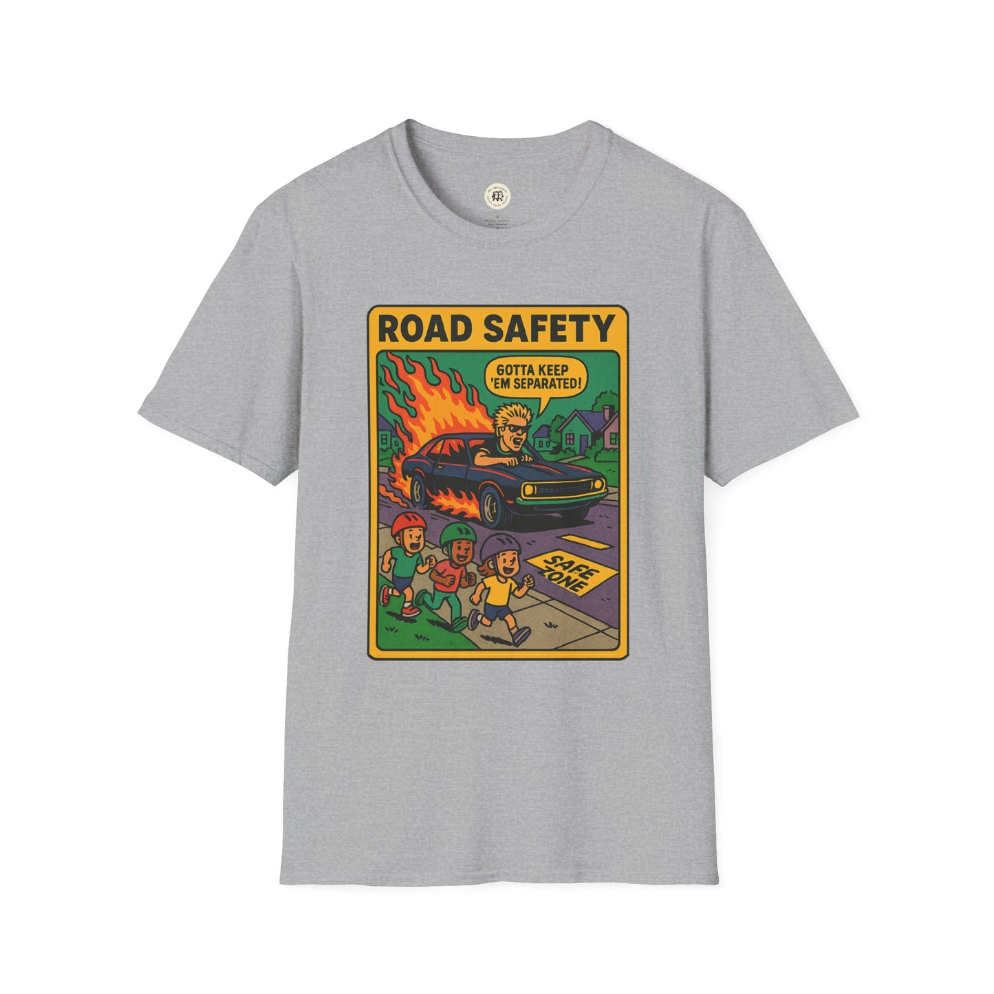 Offspring retro safety shirt featuring a vintage road safety cartoon print on a gray T-shirt