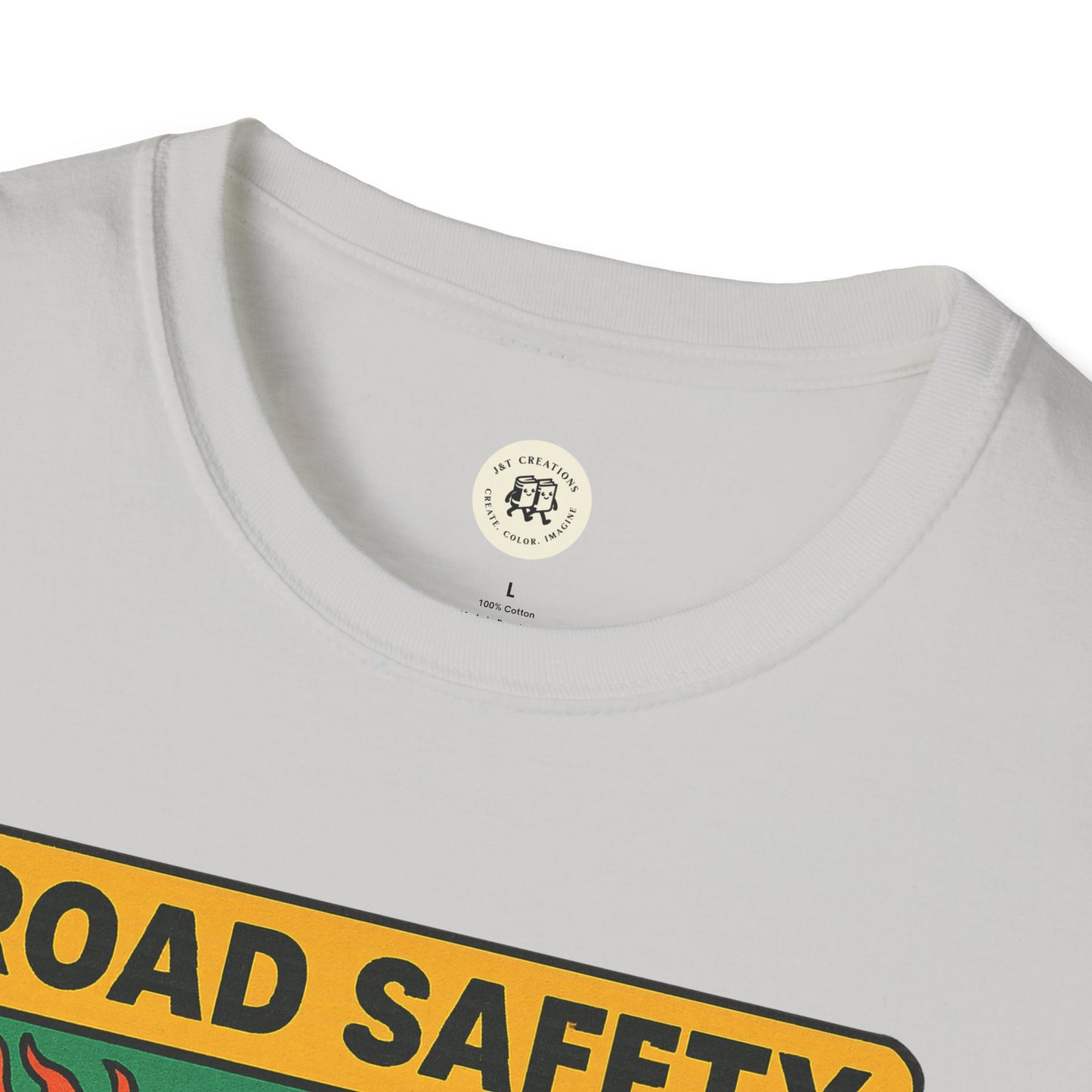 White offspring retro safety shirt by Printify with road safety graphic and crew neck design