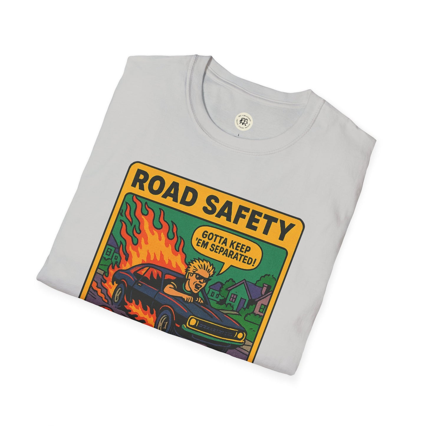 Printify offspring retro safety shirt with vintage road safety cartoon and bold colors