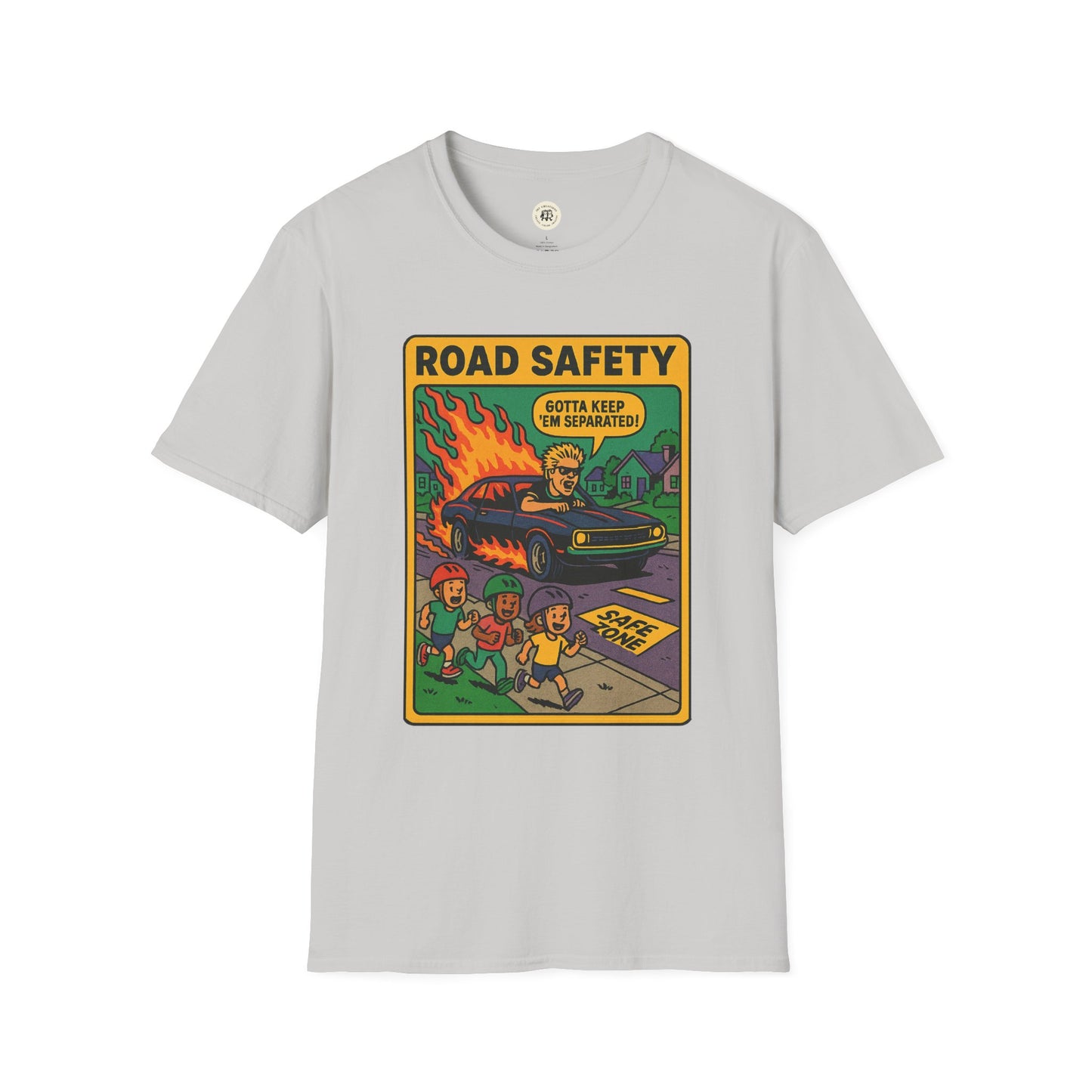 Printify offspring retro safety shirt featuring cartoon road safety design with children and flaming car